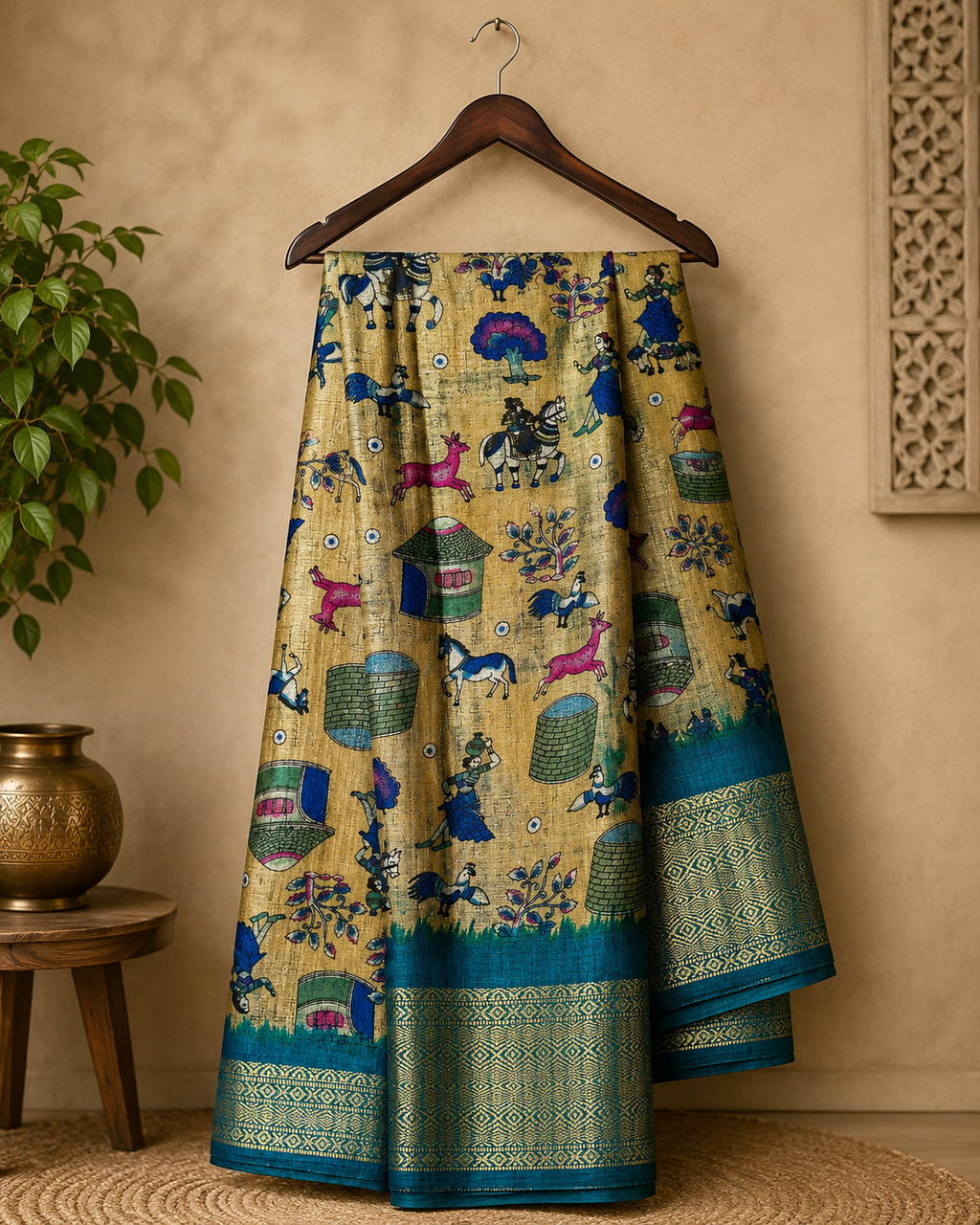 Beautiful Beige Khadi Cotton Saree Featuring vibrant traditional village-life and art prints with Rich Blue zari woven border.