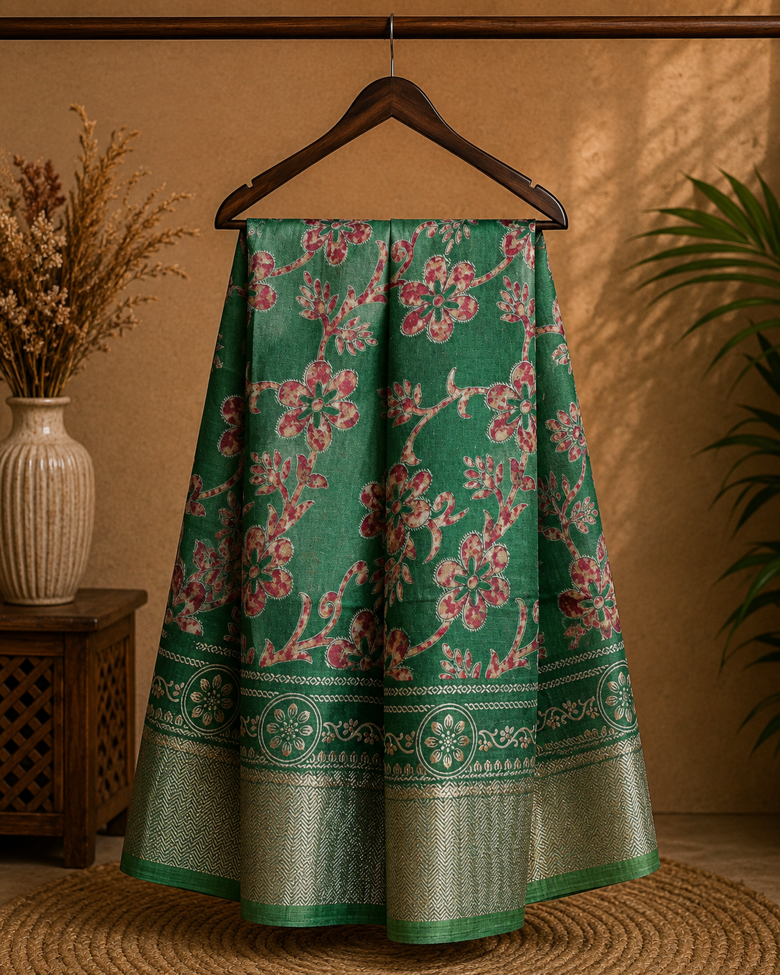 Elegant green floral print saree, beautifully adorned with blooming floral motifs and a shimmering silver zari border- Cotton tissue soft Saree