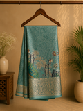 Elegant  sea green saree featuring a graceful peacock and nature-inspired print  with rich woven zari border - Satin Tissue Saree