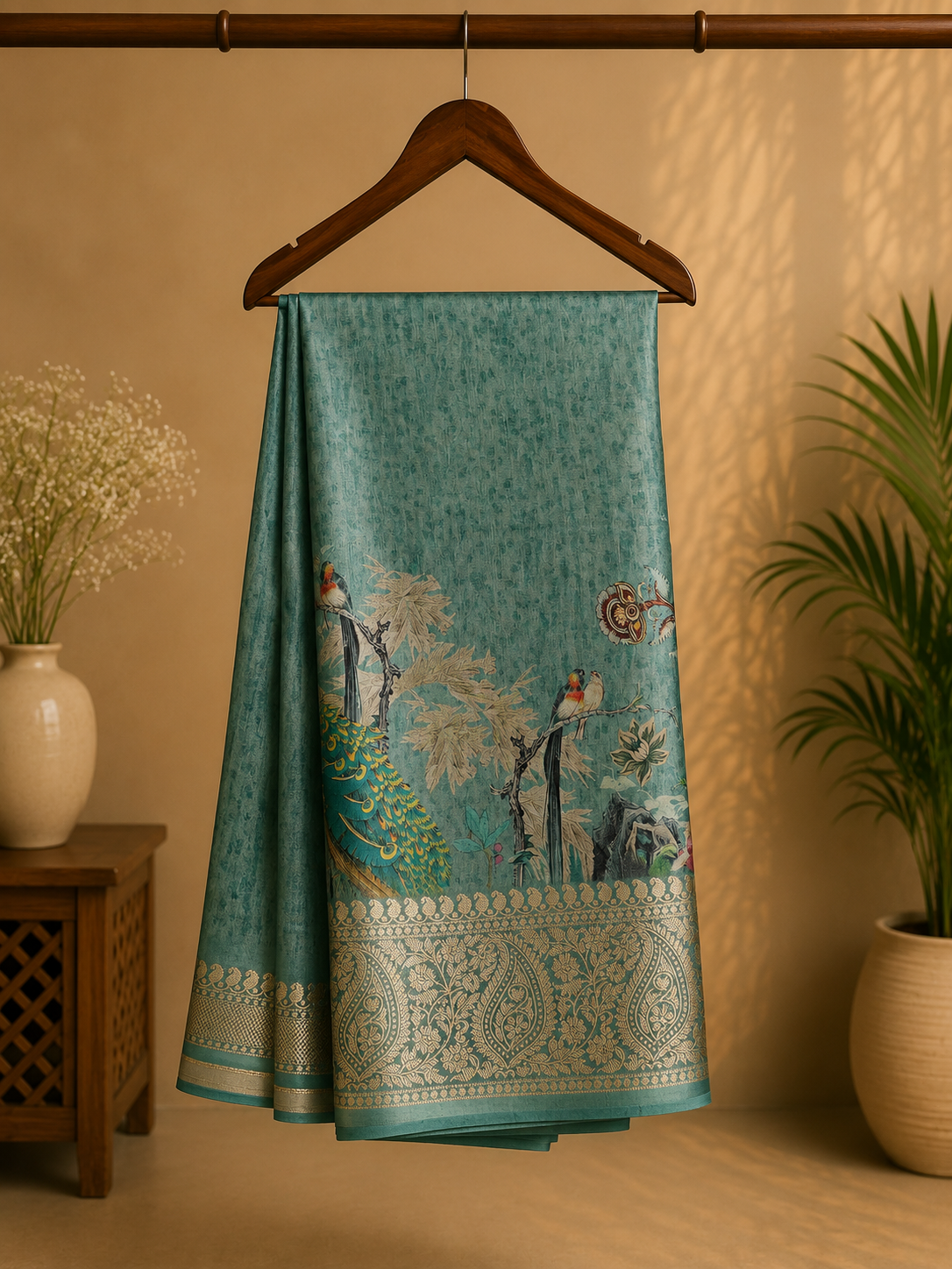 Elegant  sea green saree featuring a graceful peacock and nature-inspired print  with rich woven zari border - Satin Tissue Saree