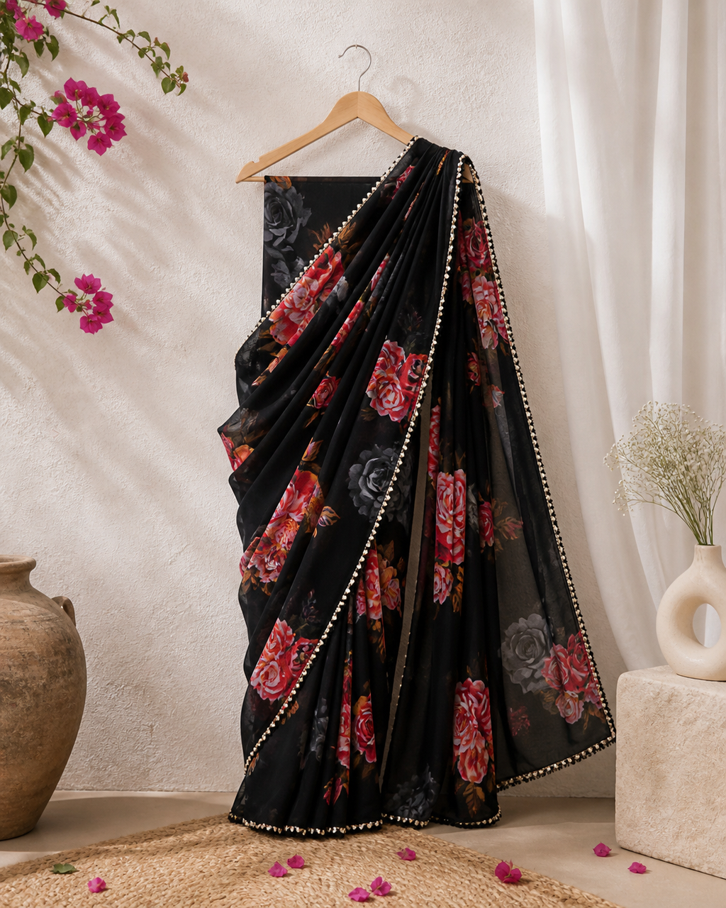 Beautiful Black Georgette Saree with large Floral Prints in Pink and Red -with Pearl Border
