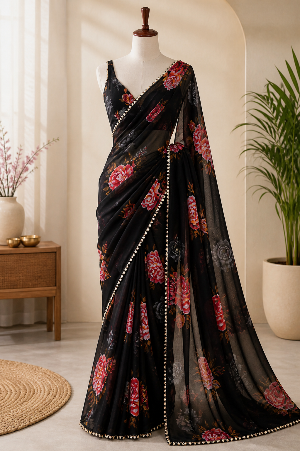 Beautiful Black Georgette Saree with large Floral Prints in Pink and Red -with Pearl Border