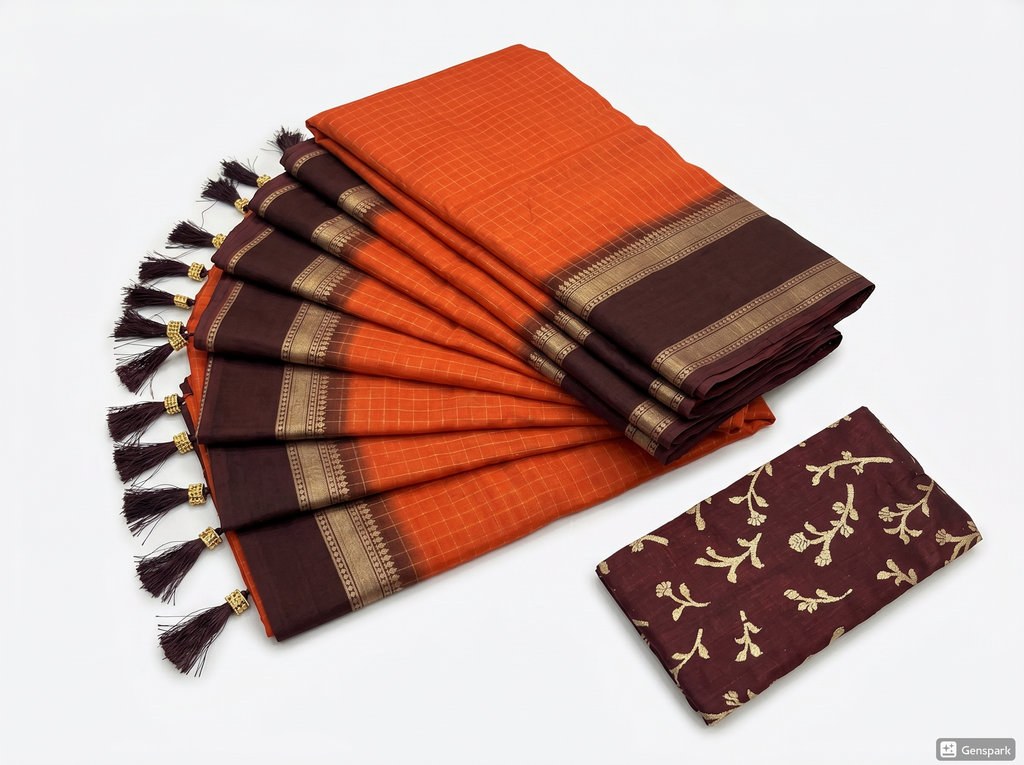 Gorgeous Orange & Deep Maroon Georgette Mix Semi Silk Saree with Gold Zari Border Stripes, Tassels and a matching Dark Floral Blouse Piece