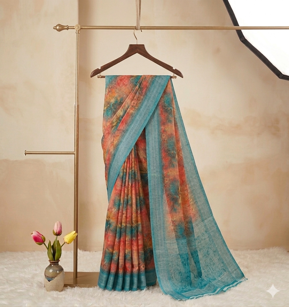 Digital Printed Linen-Cotton Blend Saree with a Vibrant Floral Burst in Teal Blue, Coral, Orange & Pink