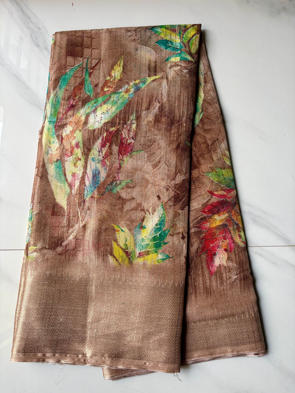 Elegant coffee brown saree adorned with multicolor leaf prints with zari woven border - Fancy Saree Cotton Mix Satin Finish.