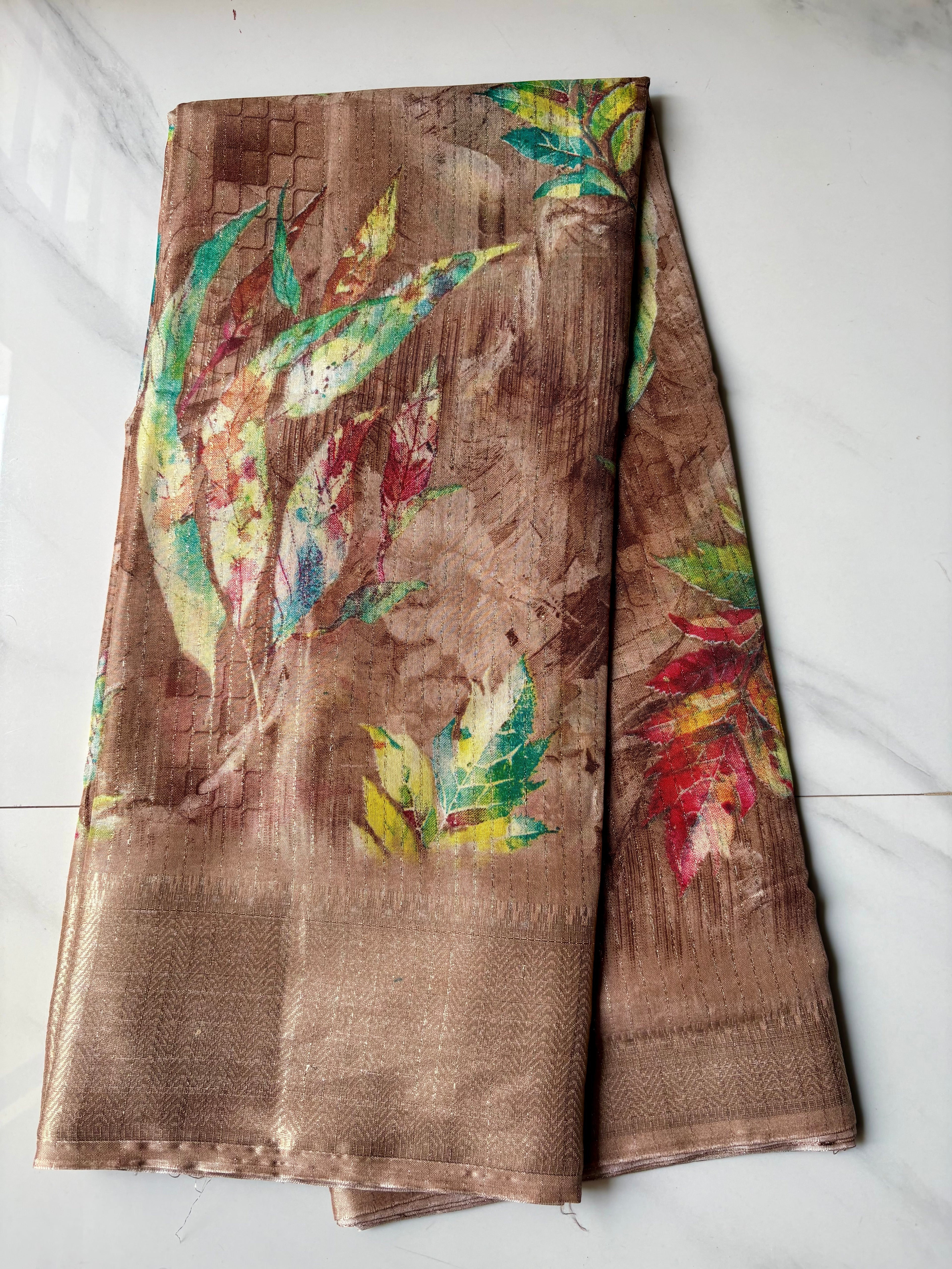 Elegant coffee brown saree adorned with multicolor leaf prints with zari woven border - Fancy Saree Cotton Mix Satin Finish.