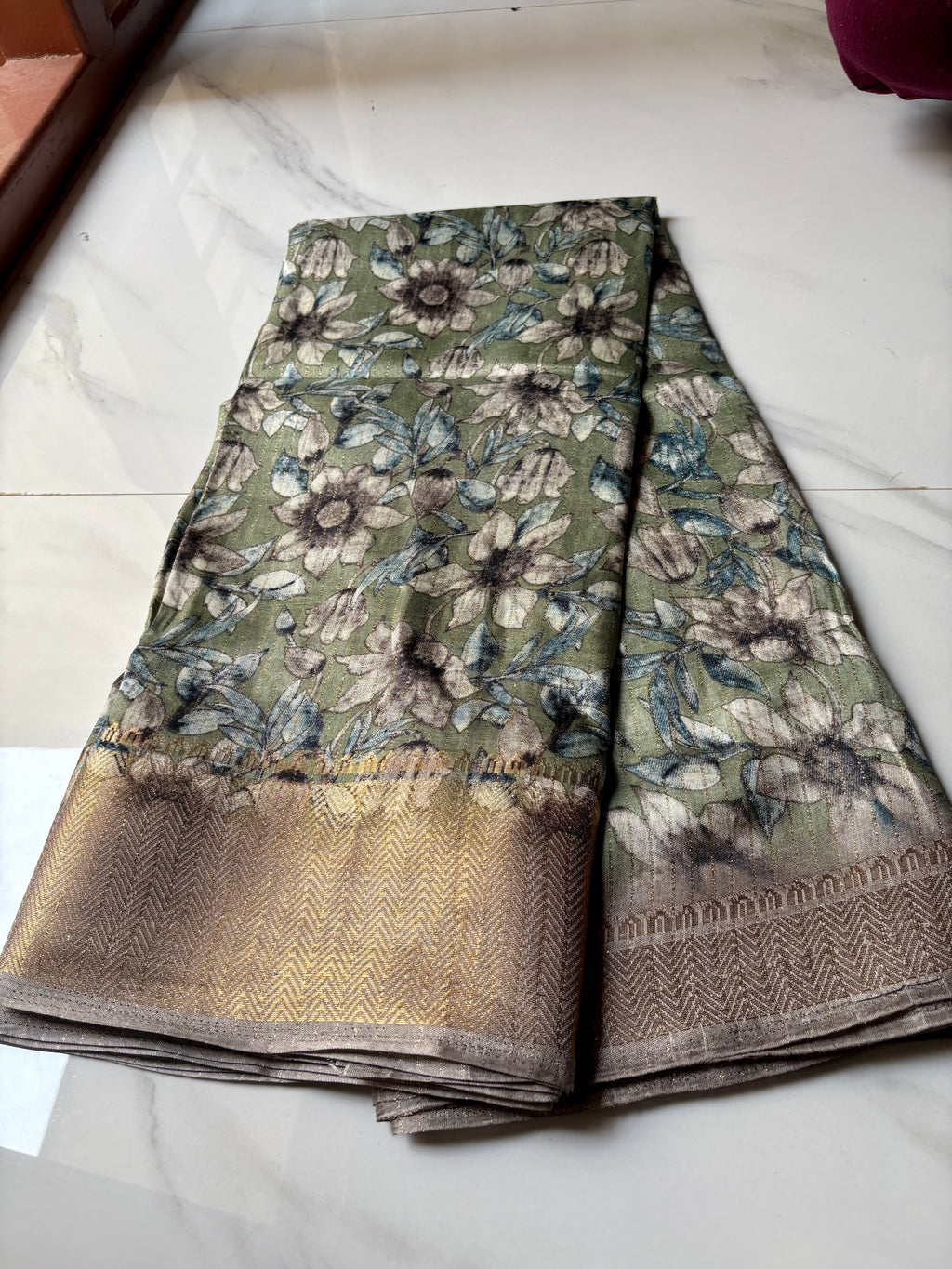 Elegant Sage Green saree adorned with  floral prints with zari woven border - Fancy Saree Cotton Mix Satin Finish.