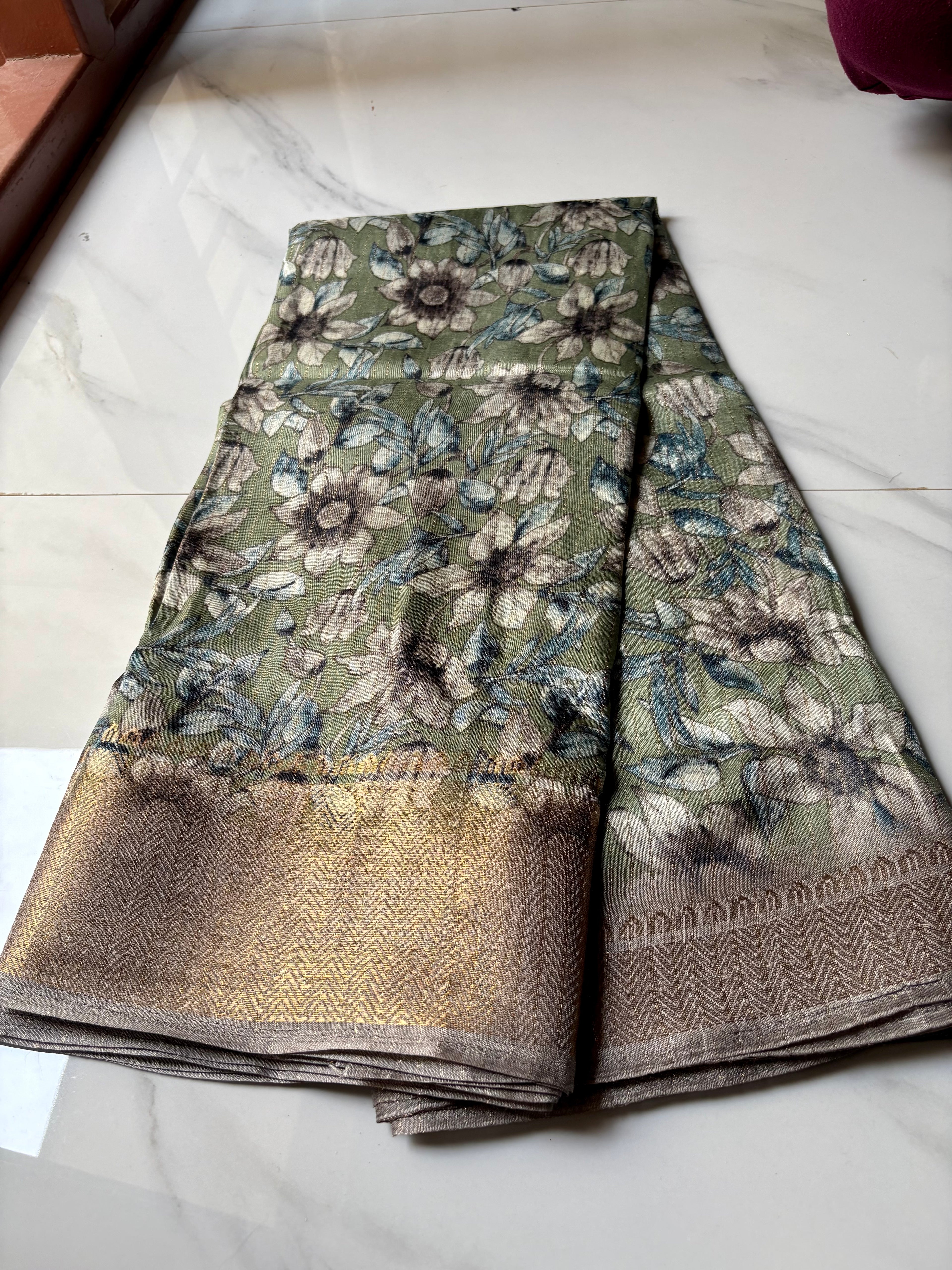 Elegant Sage Green saree adorned with  floral prints with zari woven border - Fancy Saree Cotton Mix Satin Finish.