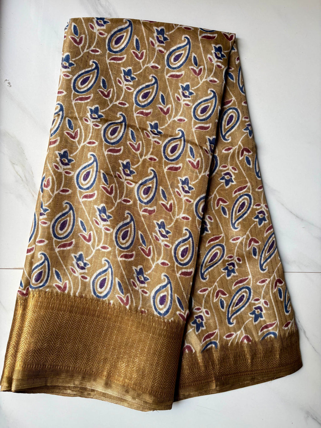 Elegant  beige-gold saree adorned with classic paisley and floral prints with zari woven border - Fancy Saree Cotton Mix Satin Finish.