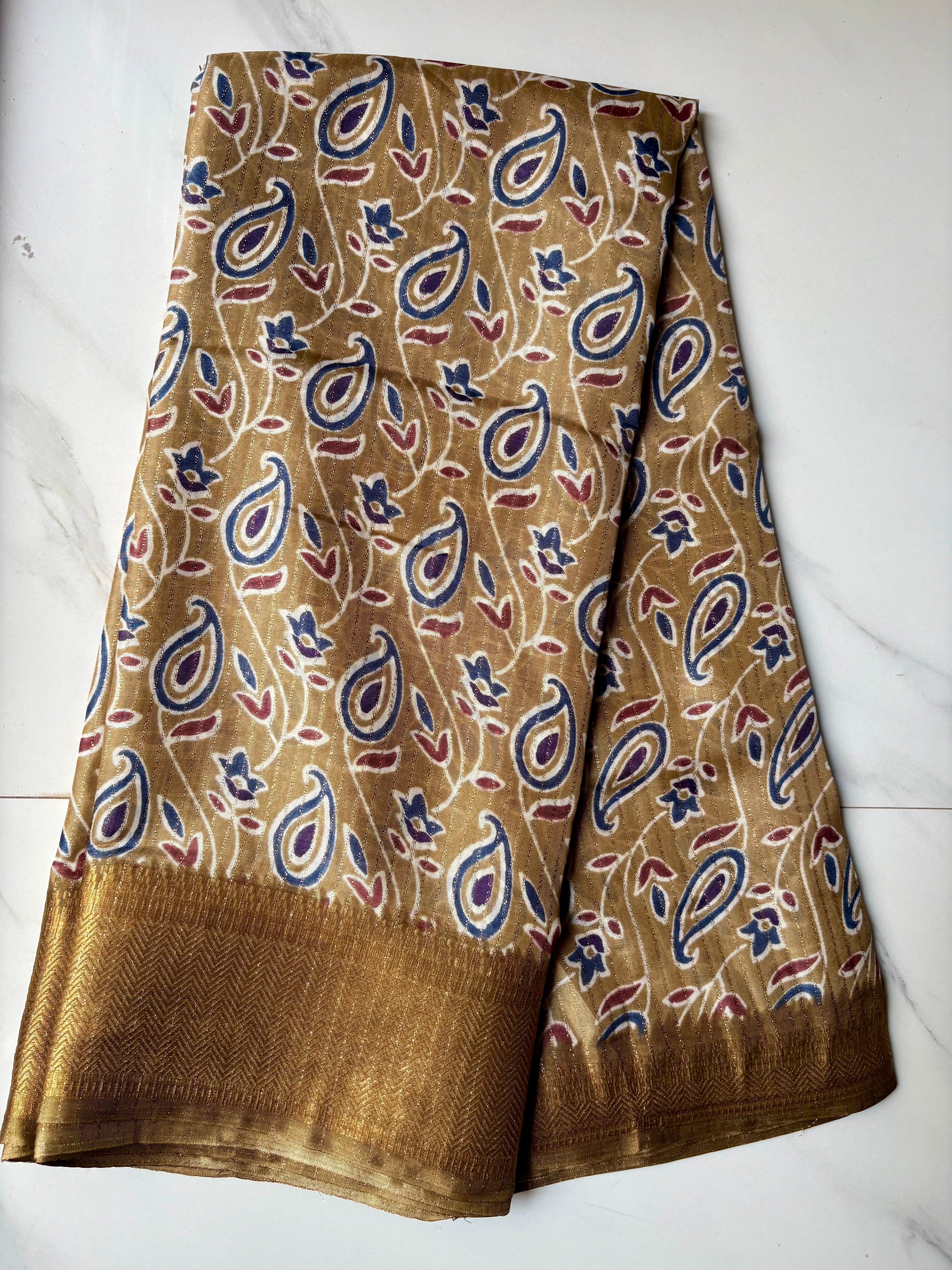 Elegant  beige-gold saree adorned with classic paisley and floral prints with zari woven border - Fancy Saree Cotton Mix Satin Finish.
