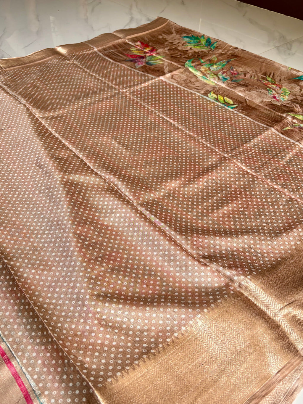 Elegant coffee brown saree adorned with multicolor leaf prints with zari woven border - Fancy Saree Cotton Mix Satin Finish.