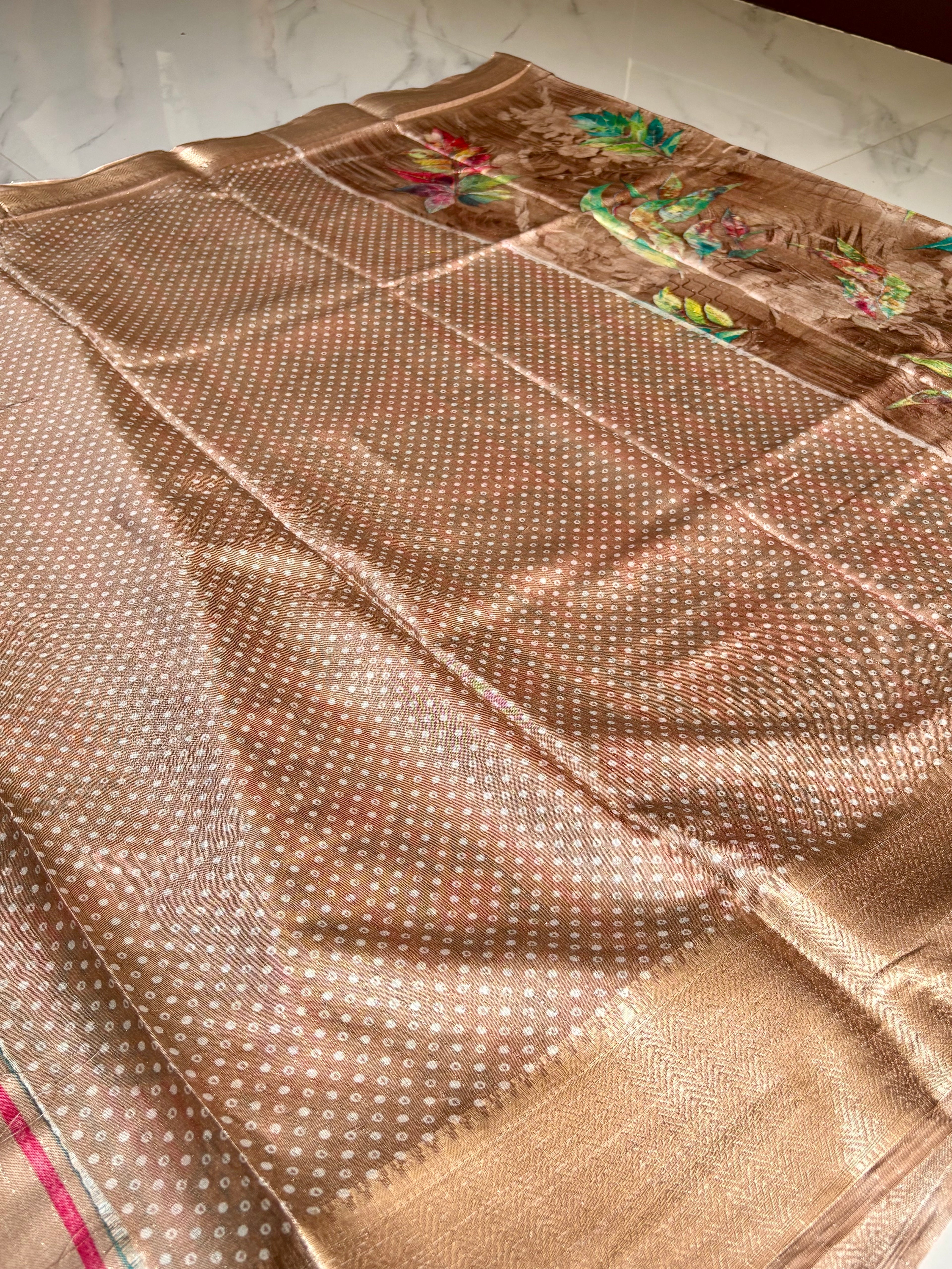 Elegant coffee brown saree adorned with multicolor leaf prints with zari woven border - Fancy Saree Cotton Mix Satin Finish.