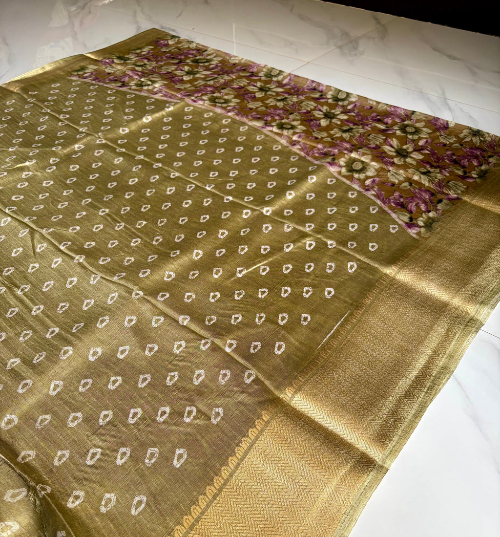 Elegant  beige-gold saree featuring soft floral prints in pastel pink and ivory with zari woven border - Fancy Saree Cotton Mix Satin Finish.