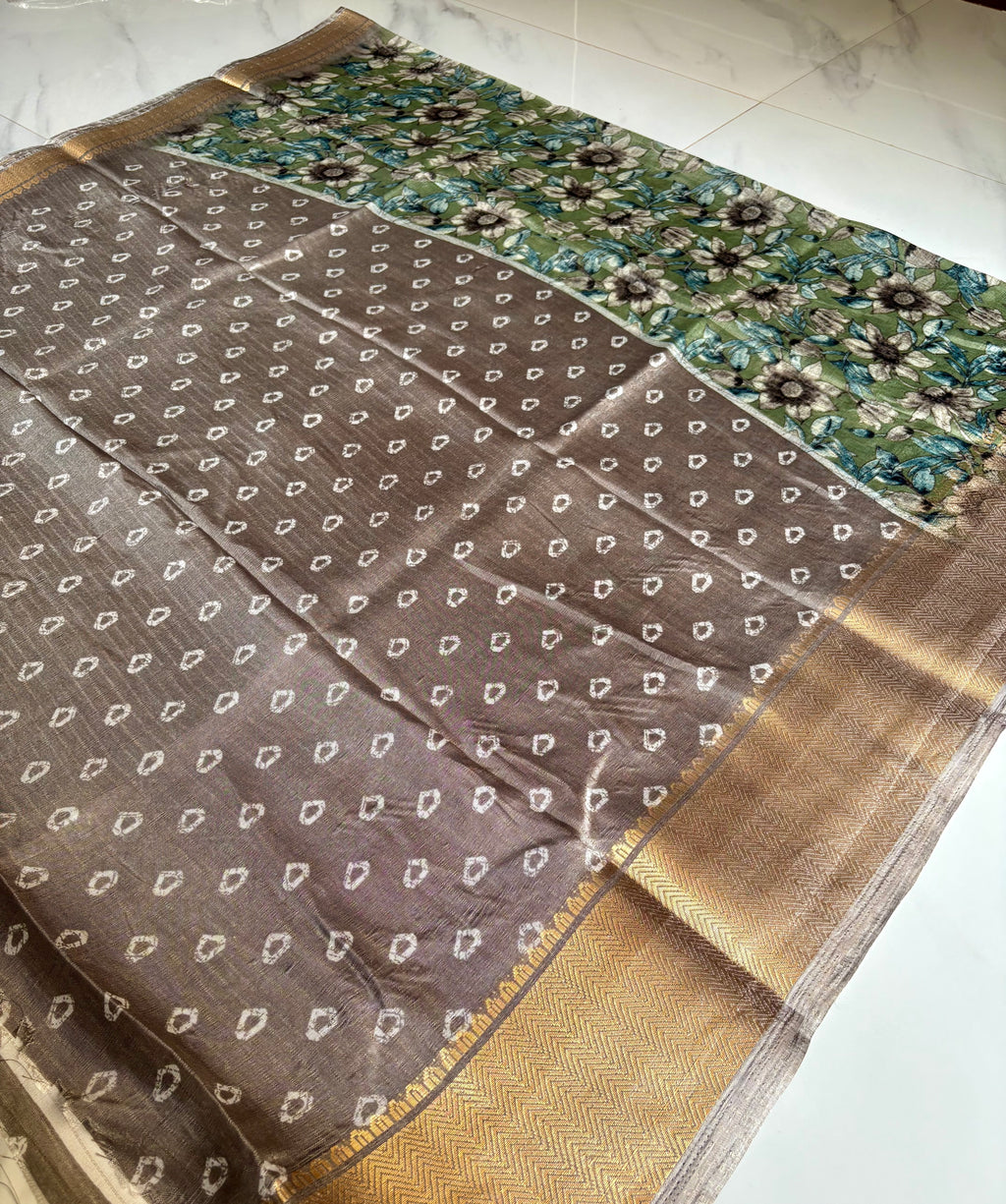 Elegant Sage Green saree adorned with  floral prints with zari woven border - Fancy Saree Cotton Mix Satin Finish.