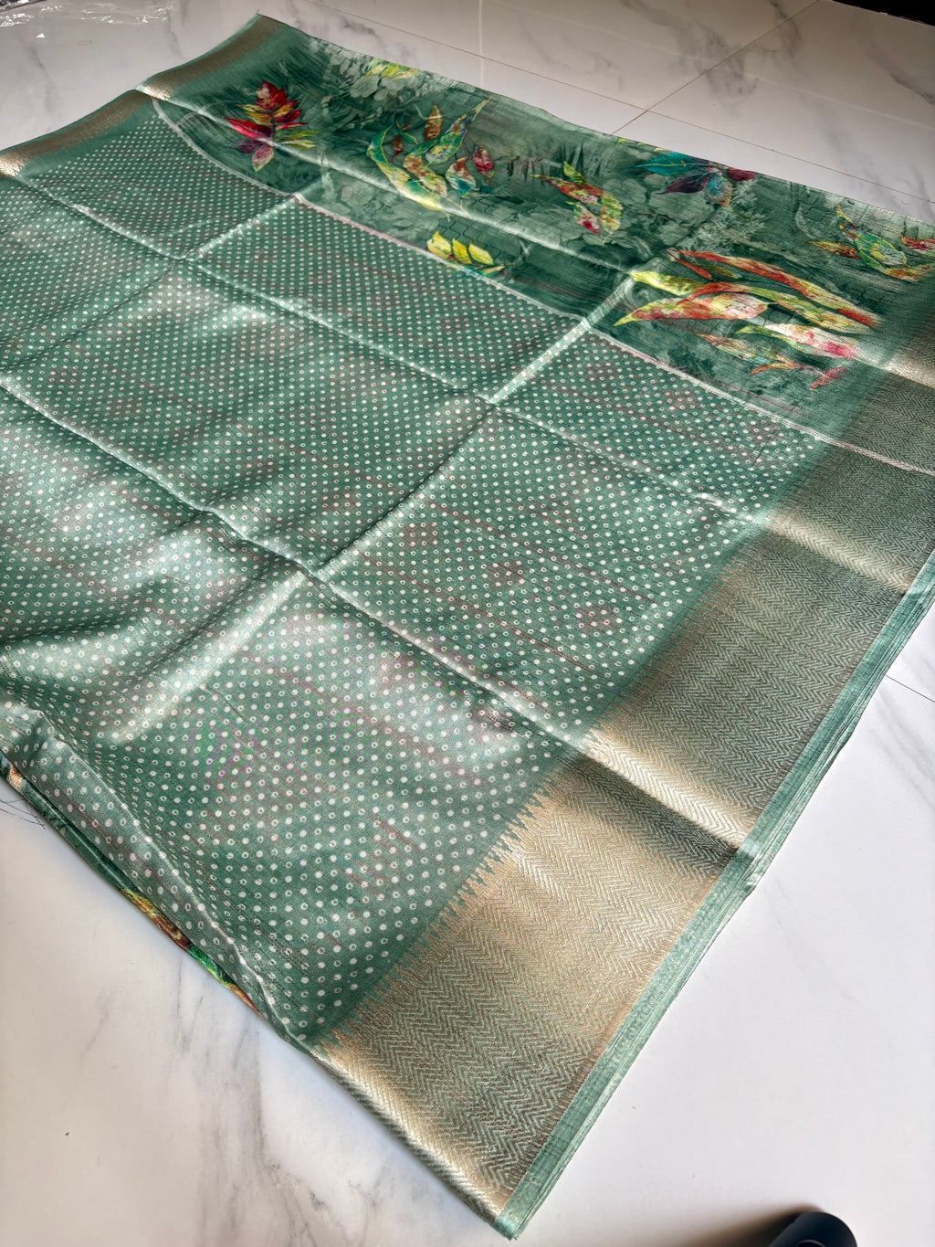 Elegant Sage Green saree adorned with Leaf prints with zari woven border - Fancy Saree Cotton Mix Satin Finish.