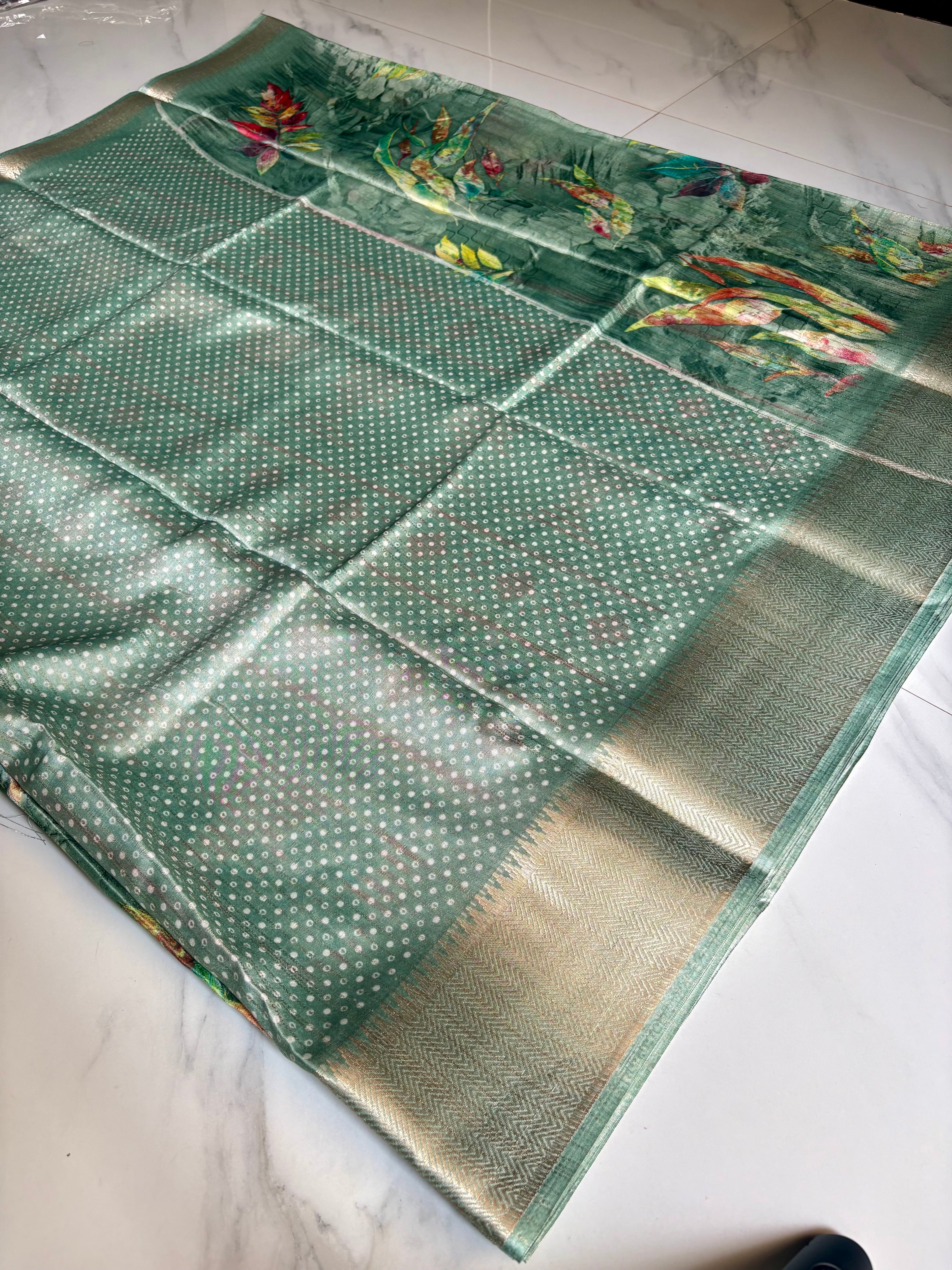 Elegant Sage Green saree adorned with Leaf prints with zari woven border - Fancy Saree Cotton Mix Satin Finish.