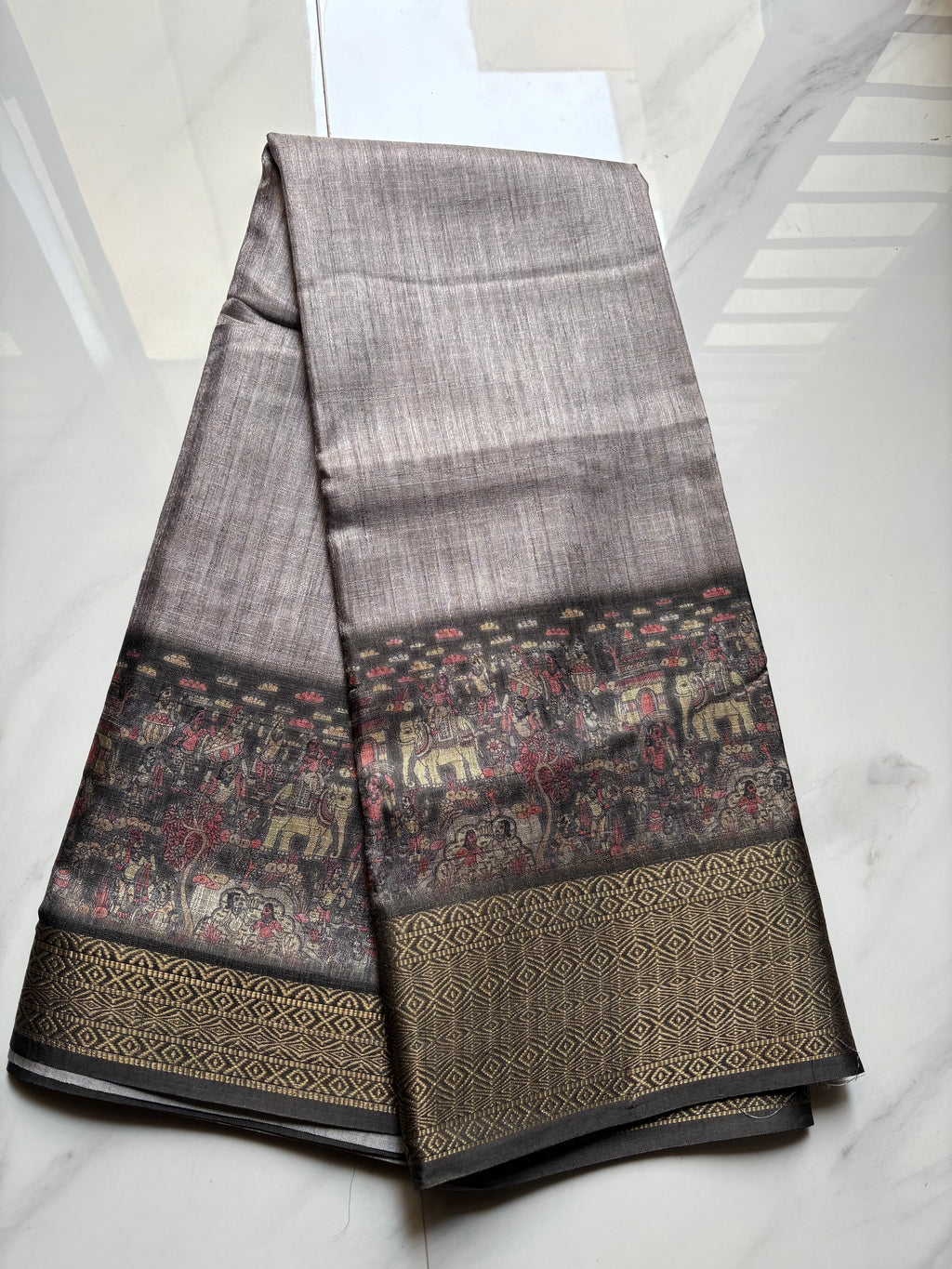 Elegant Ashy-grey saree featuring graceful Animal prints and zari woven border - Khadi digital print Saree