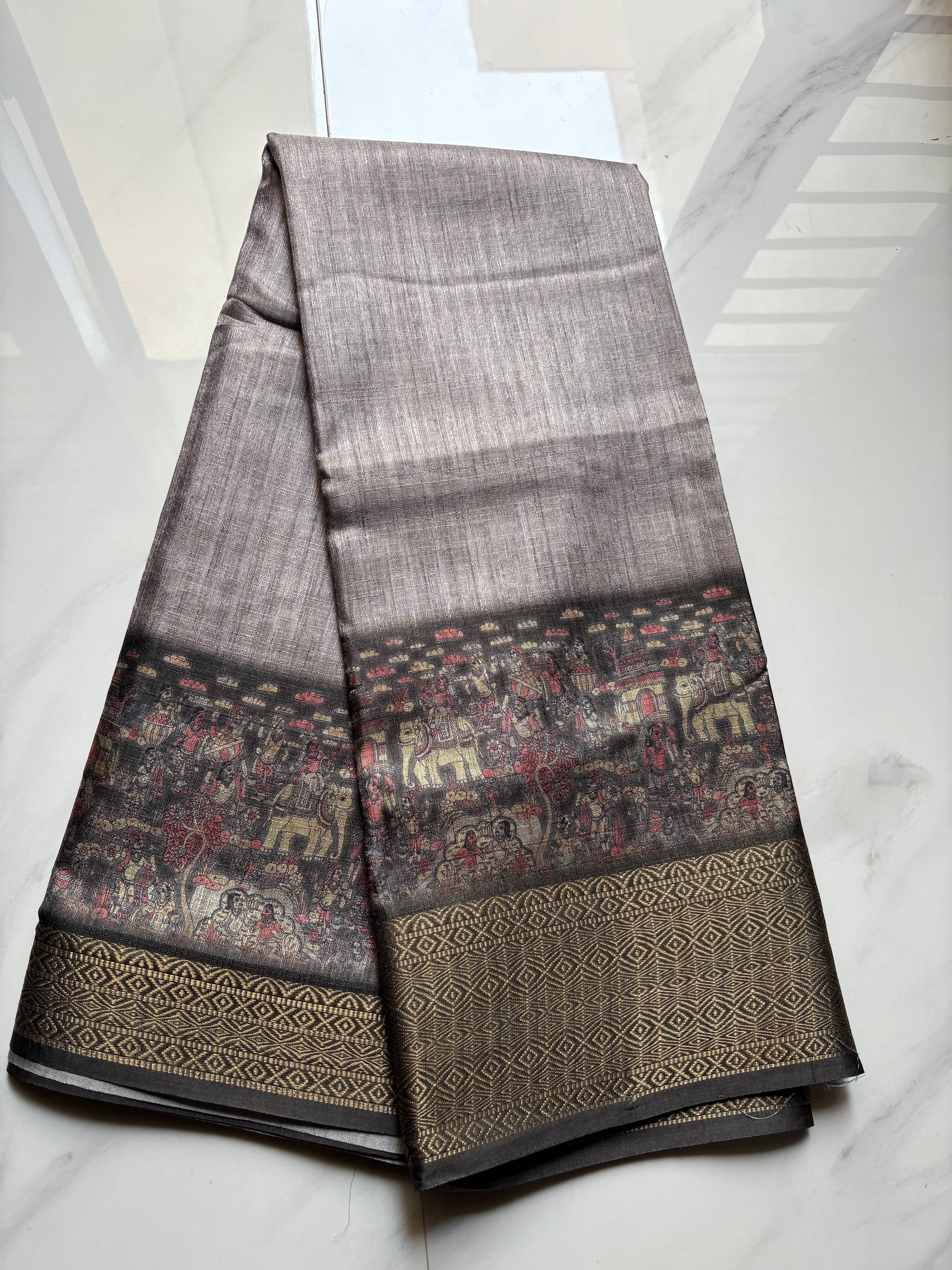 Elegant Ashy-grey saree featuring graceful Animal prints and zari woven border - Khadi digital print Saree