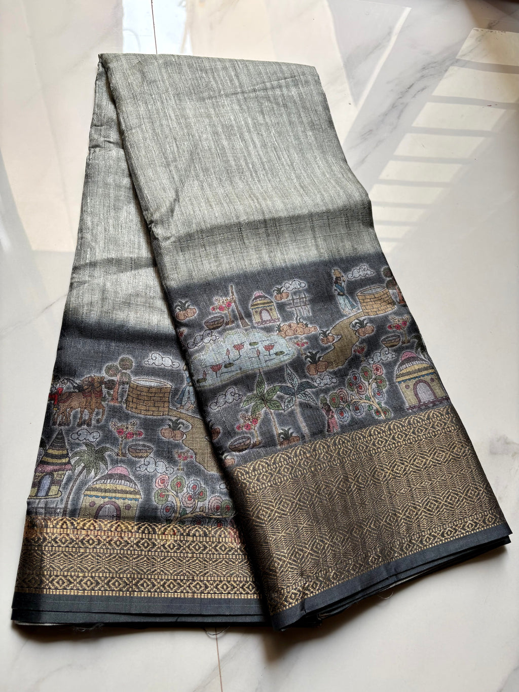 Elegant grey saree featuring graceful Art prints and zari woven border - Khadi digital print Saree