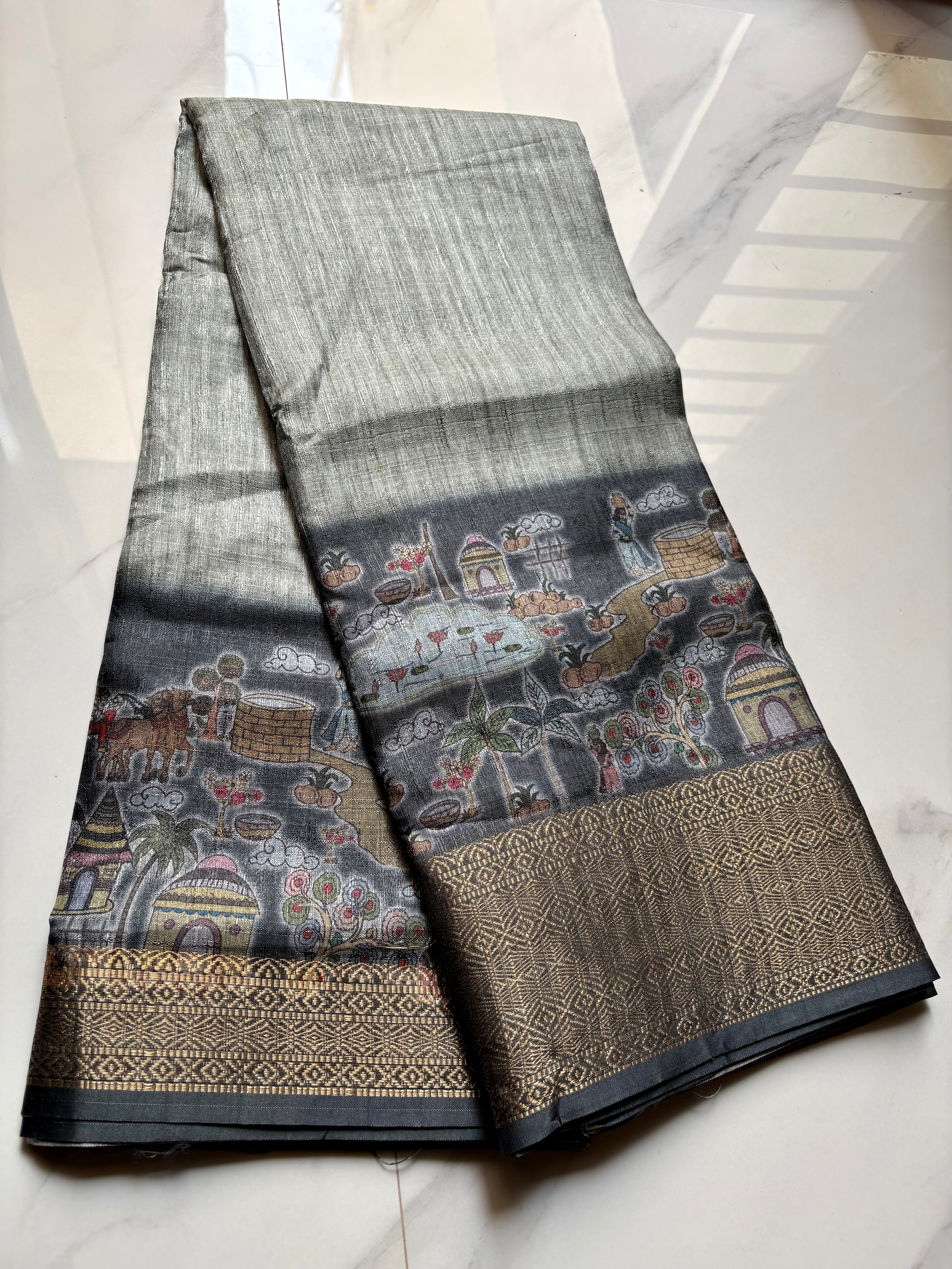 Elegant grey saree featuring graceful Art prints and zari woven border - Khadi digital print Saree