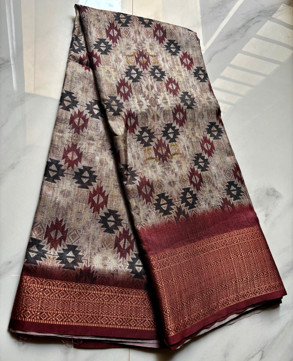 Elegant grey saree with Geometric prints and zari woven border - Khadi digital print Saree