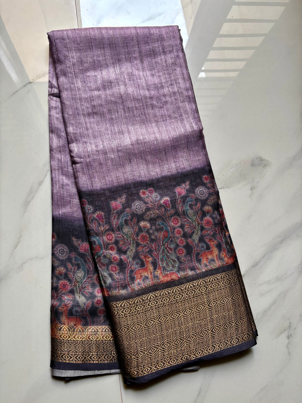 Elegant lavender-grey saree with floral prints and zari woven border - Khadi digital print Saree
