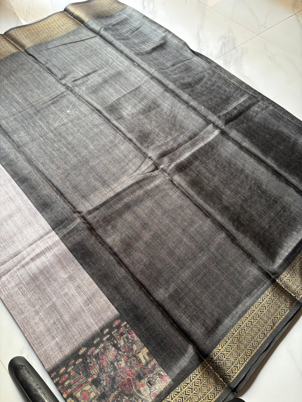 Elegant Ashy-grey saree featuring graceful Animal prints and zari woven border - Khadi digital print Saree