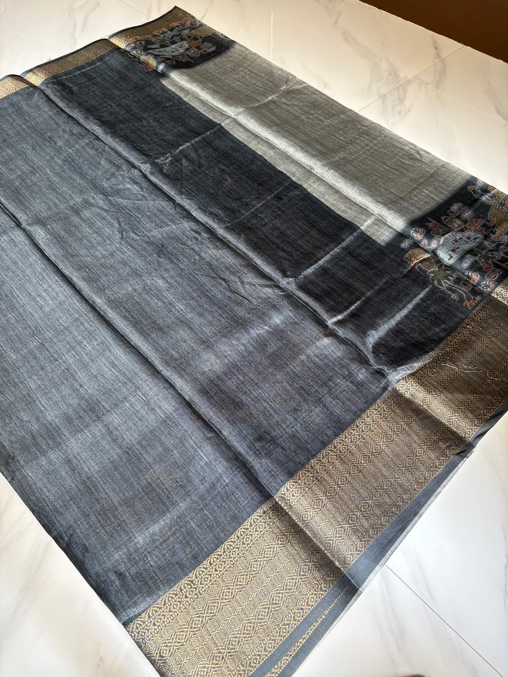 Elegant grey saree featuring graceful Art prints and zari woven border - Khadi digital print Saree