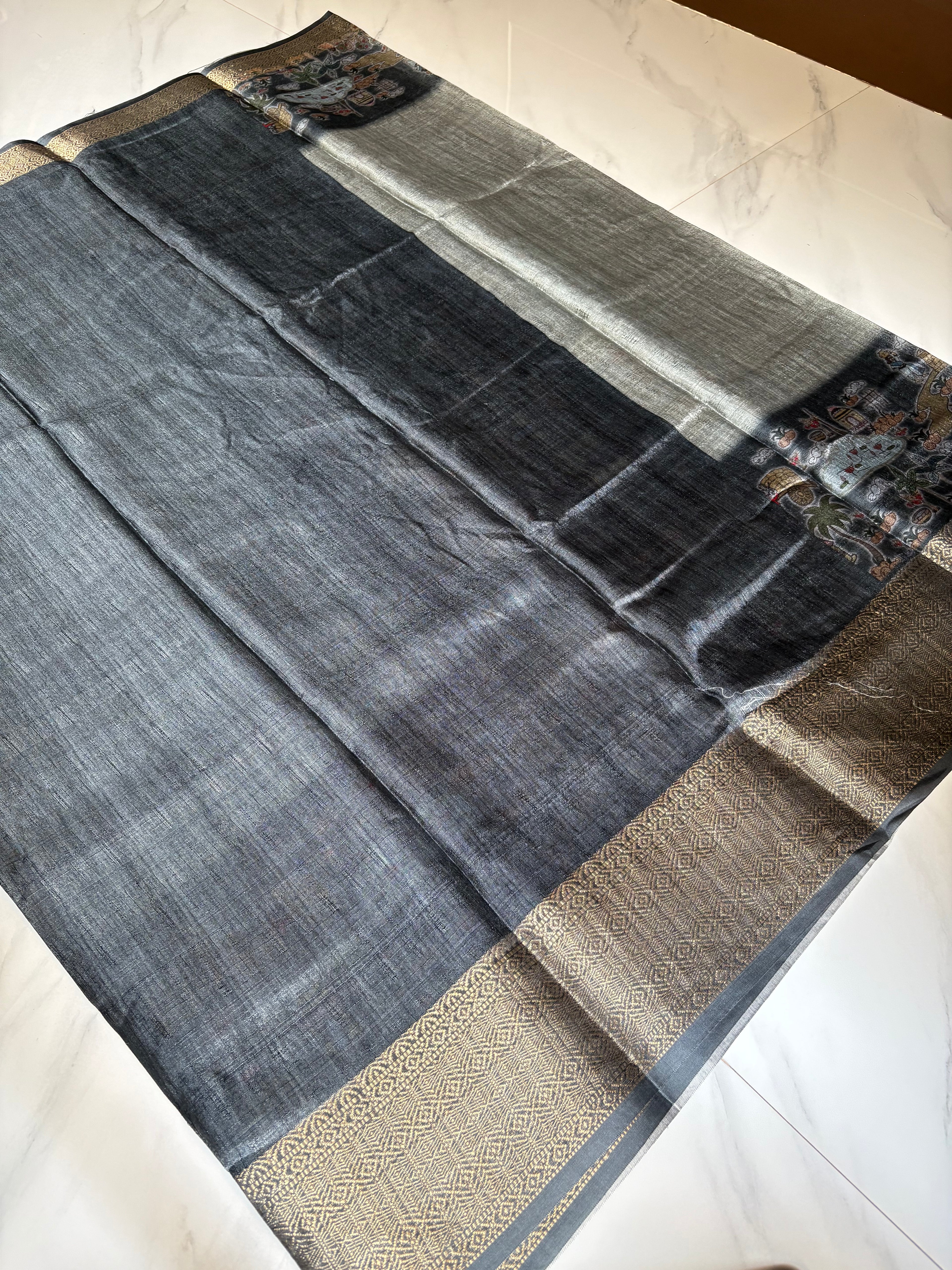 Elegant grey saree featuring graceful Art prints and zari woven border - Khadi digital print Saree