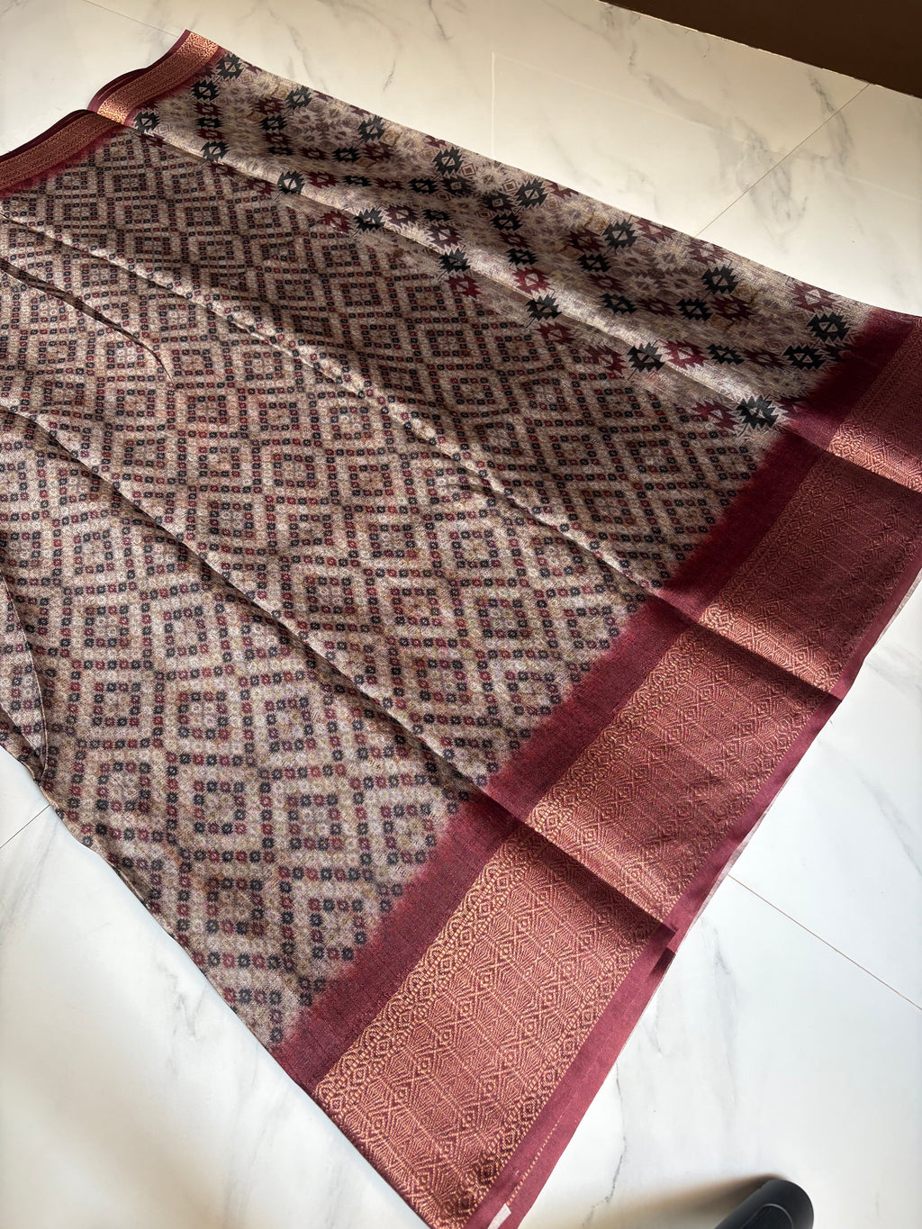 Elegant grey saree with Geometric prints and zari woven border - Khadi digital print Saree