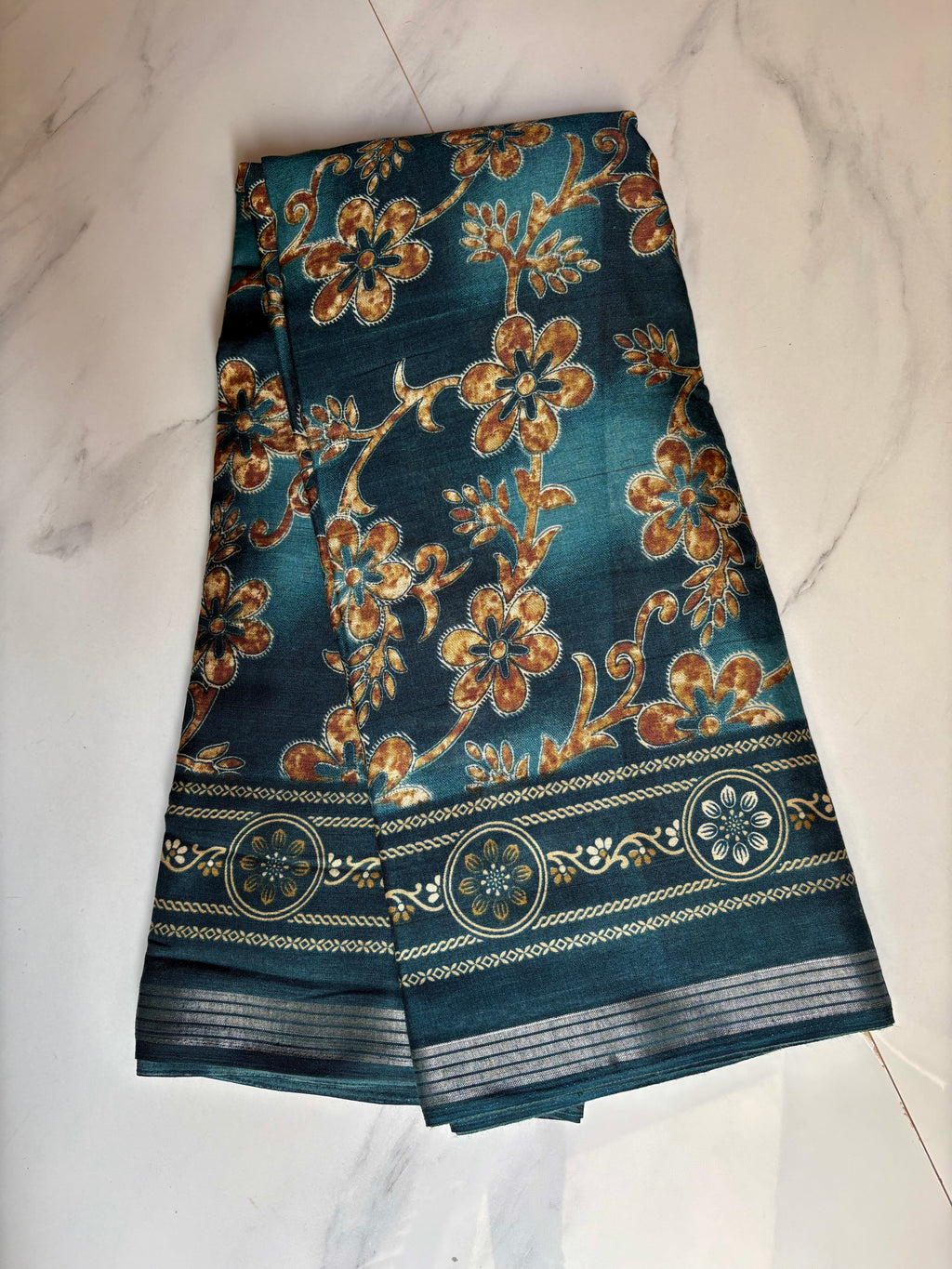 Elegant Blue saree with floral prints and silver zari line border - Cotton silk soft Saree