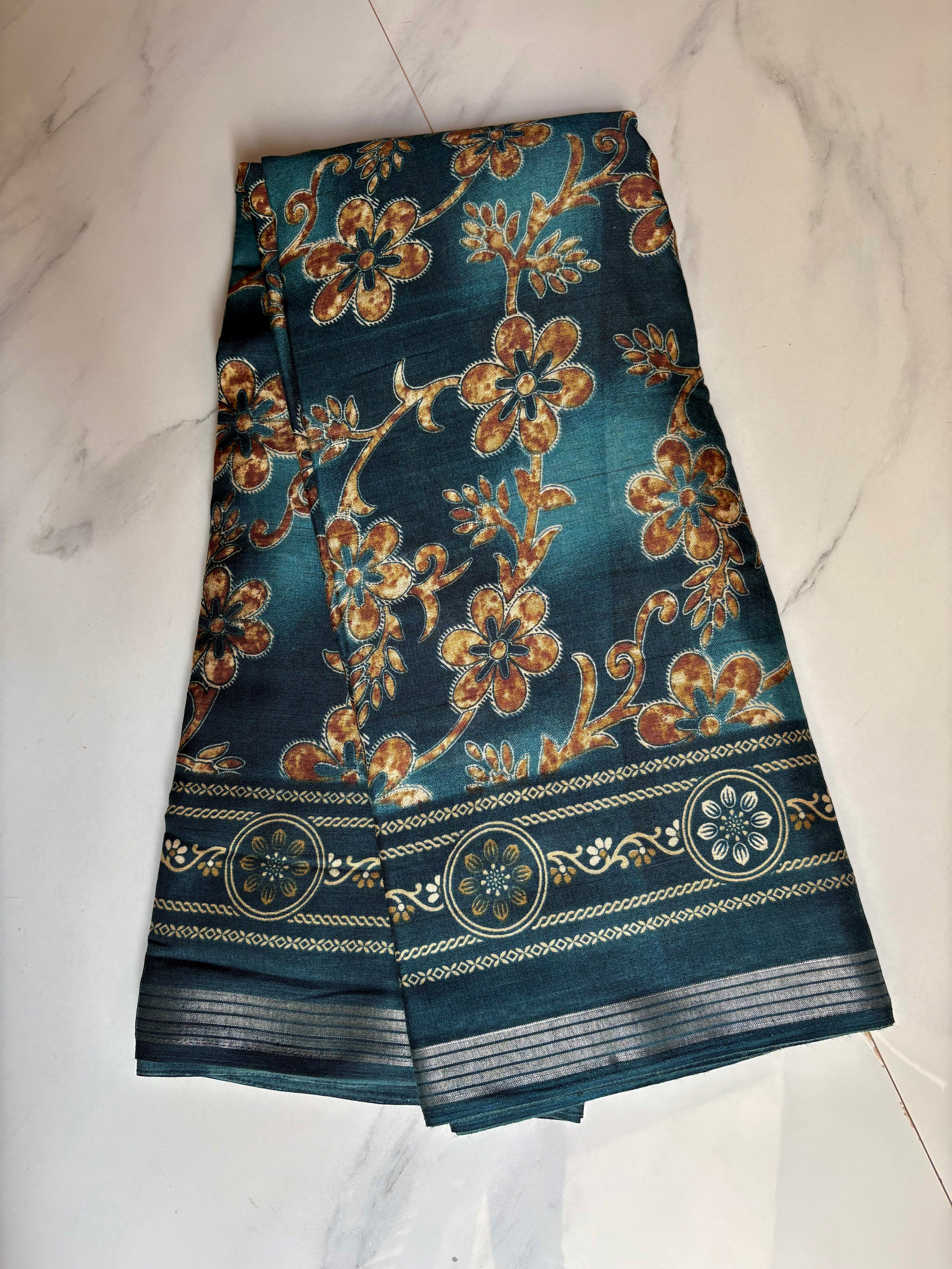 Elegant Blue saree with floral prints and silver zari line border - Cotton silk soft Saree