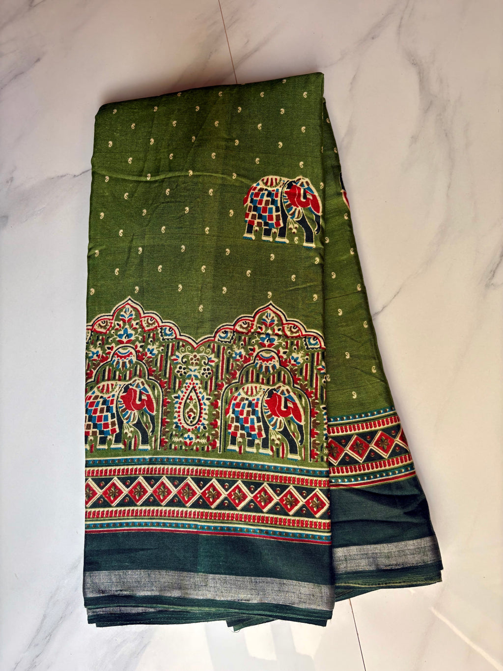 Elegant Olive Green Printed Saree with Elephant Motifs and silver zari line border - Cotton silk soft Saree