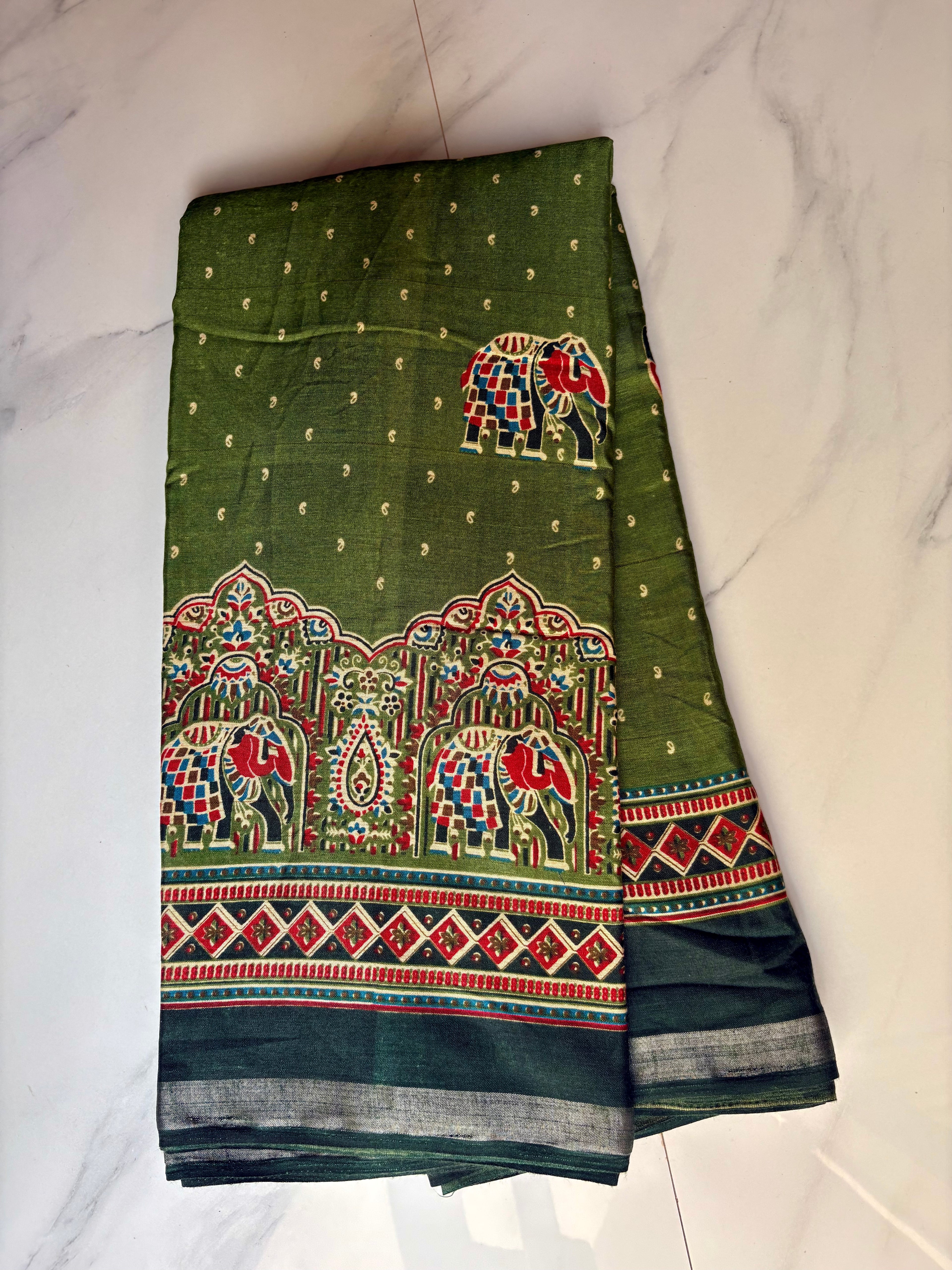 Elegant Olive Green Printed Saree with Elephant Motifs and silver zari line border - Cotton silk soft Saree