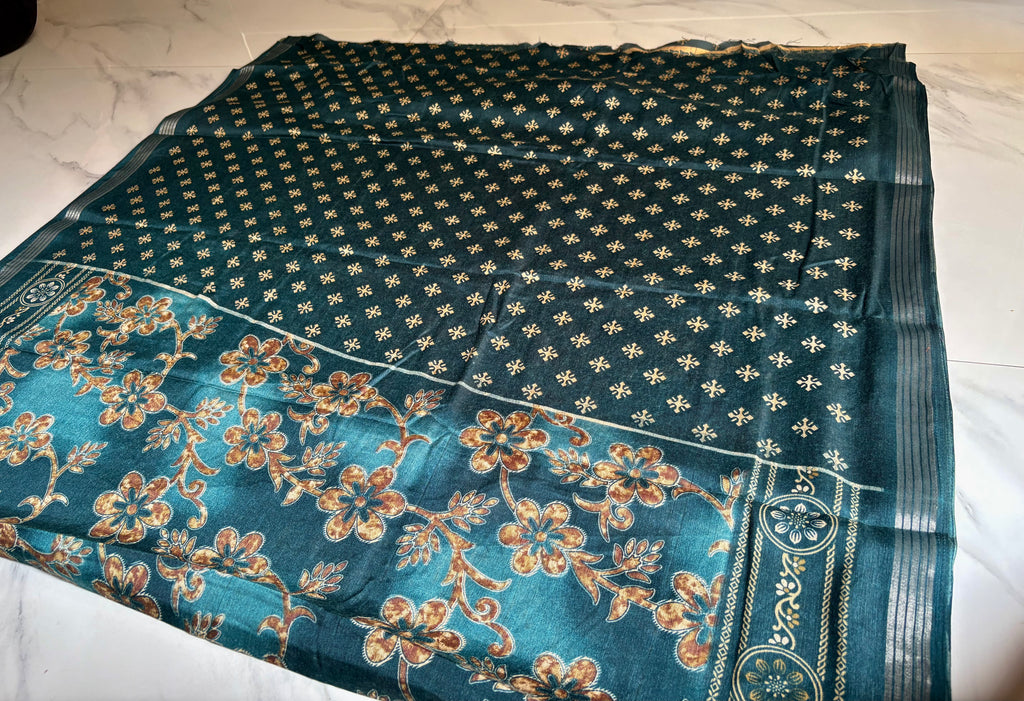 Elegant Blue saree with floral prints and silver zari line border - Cotton silk soft Saree