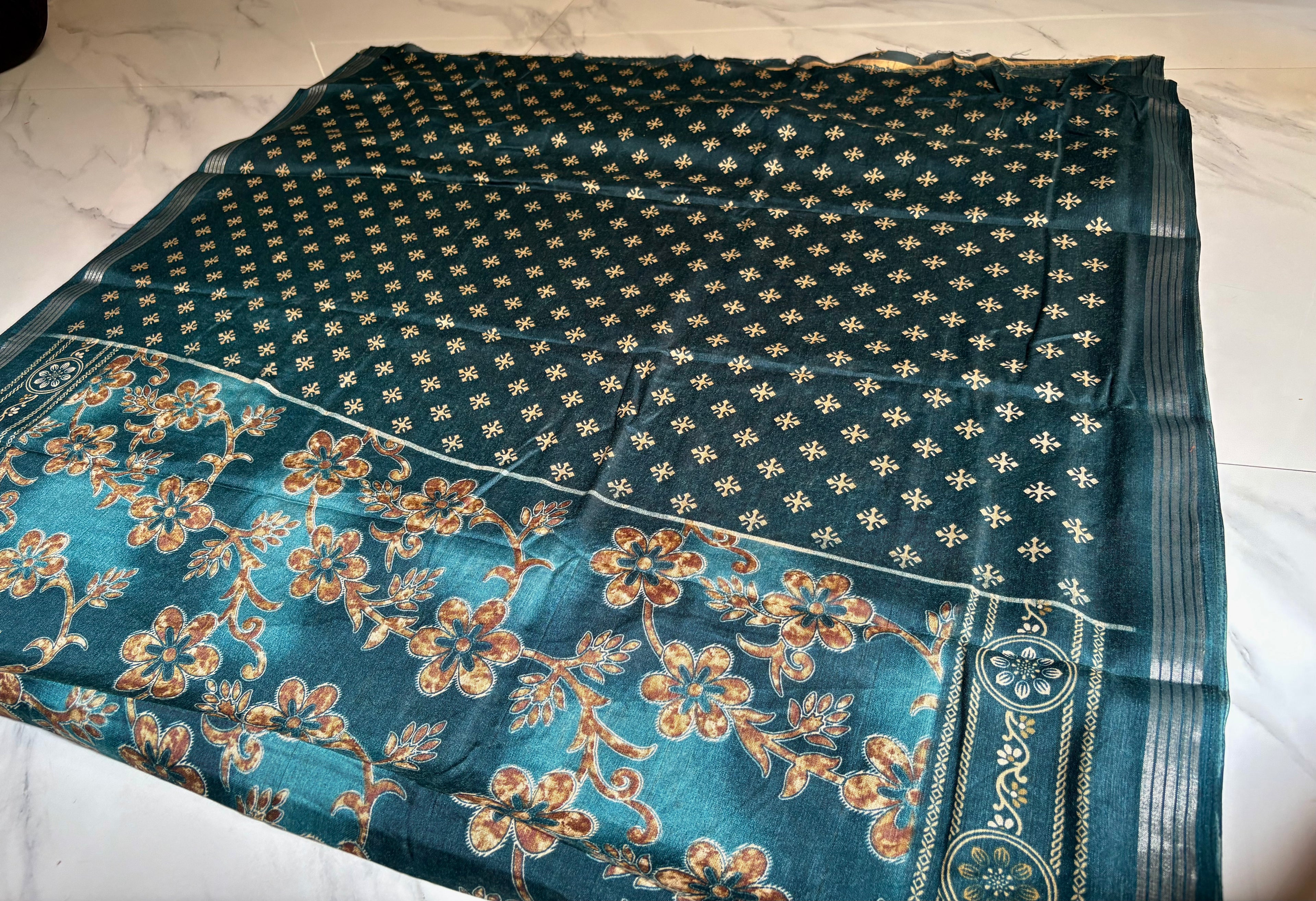 Elegant Blue saree with floral prints and silver zari line border - Cotton silk soft Saree