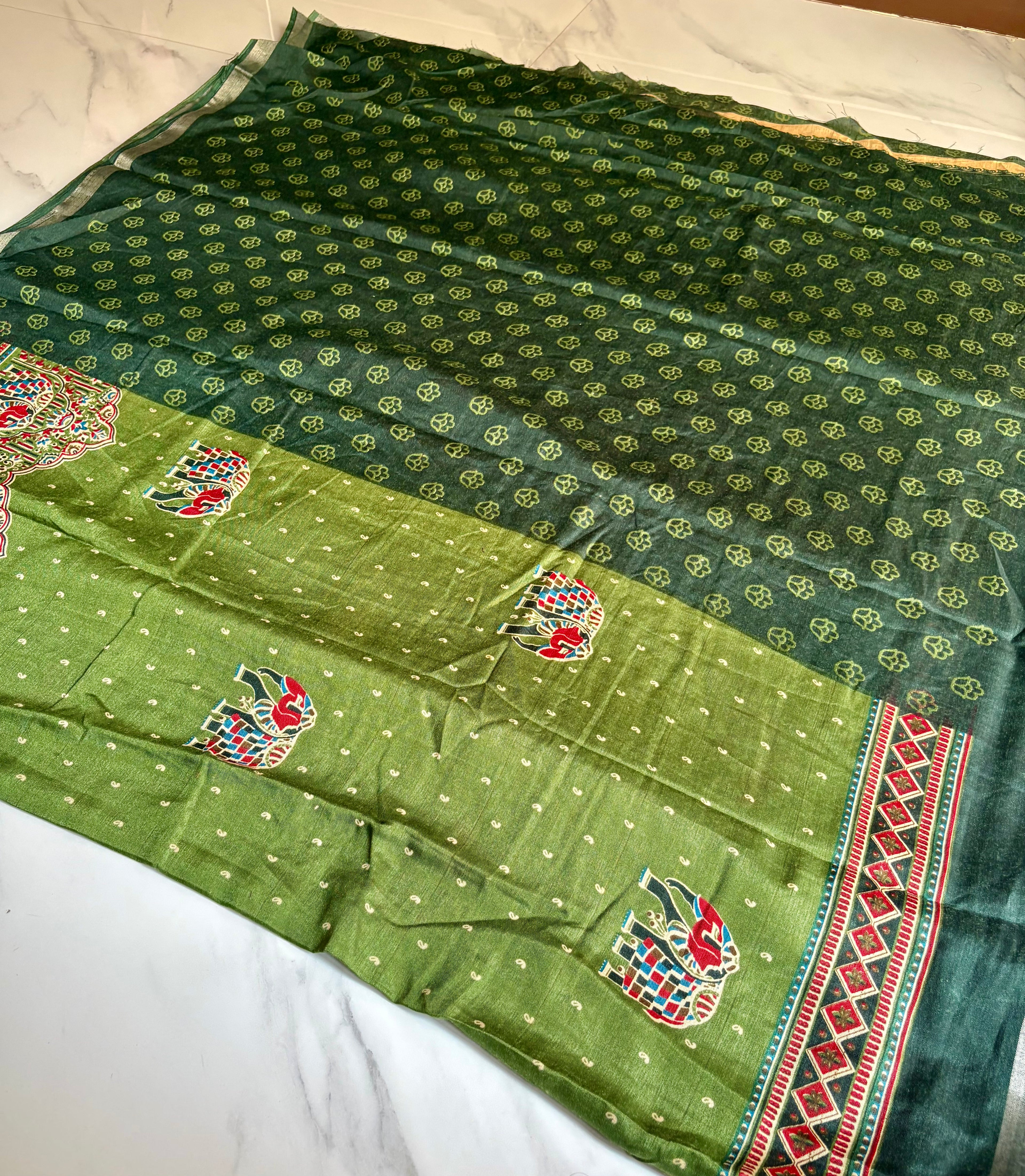 Elegant Olive Green Printed Saree with Elephant Motifs and silver zari line border - Cotton silk soft Saree