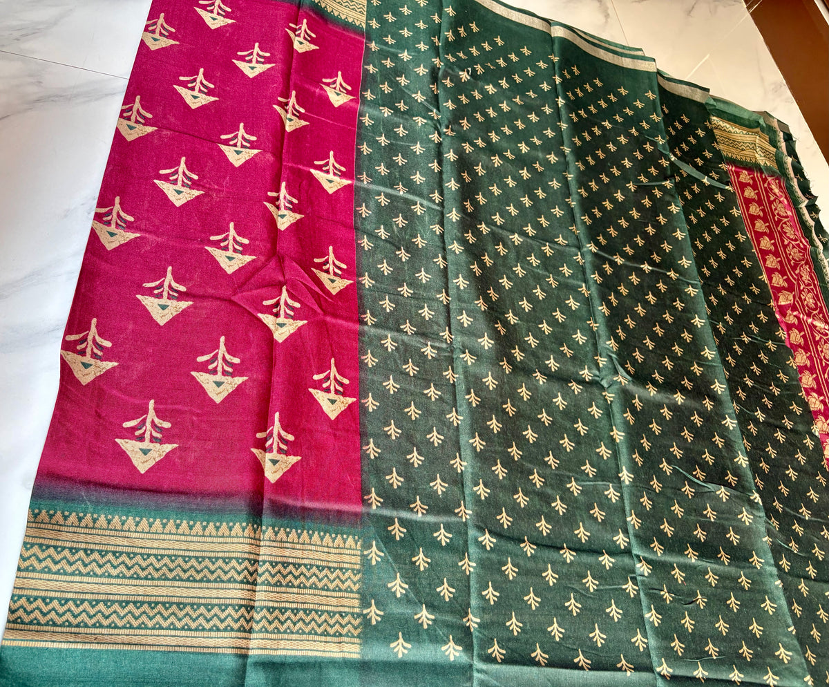 Elegant maroon saree featuring delicate beige motifs and a contrasting teal green border and silver zari line- Cotton silk soft Saree
