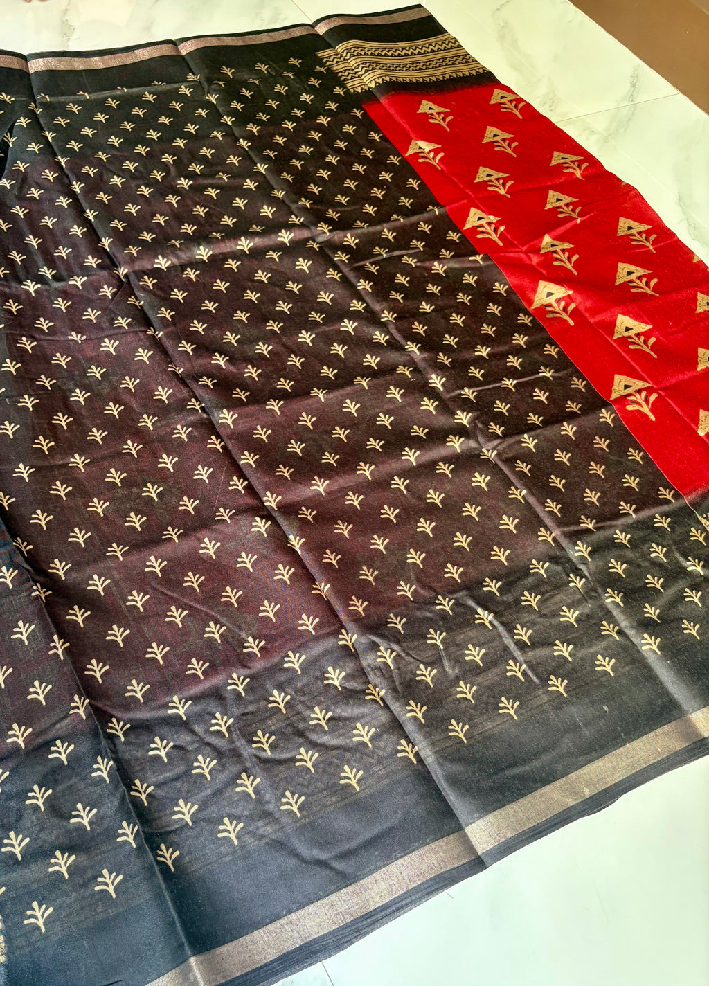 Elegant Red saree featuring subtle traditional motifs and a beautifully Black-gold Zari Line border- Cotton silk soft Saree (Copy)