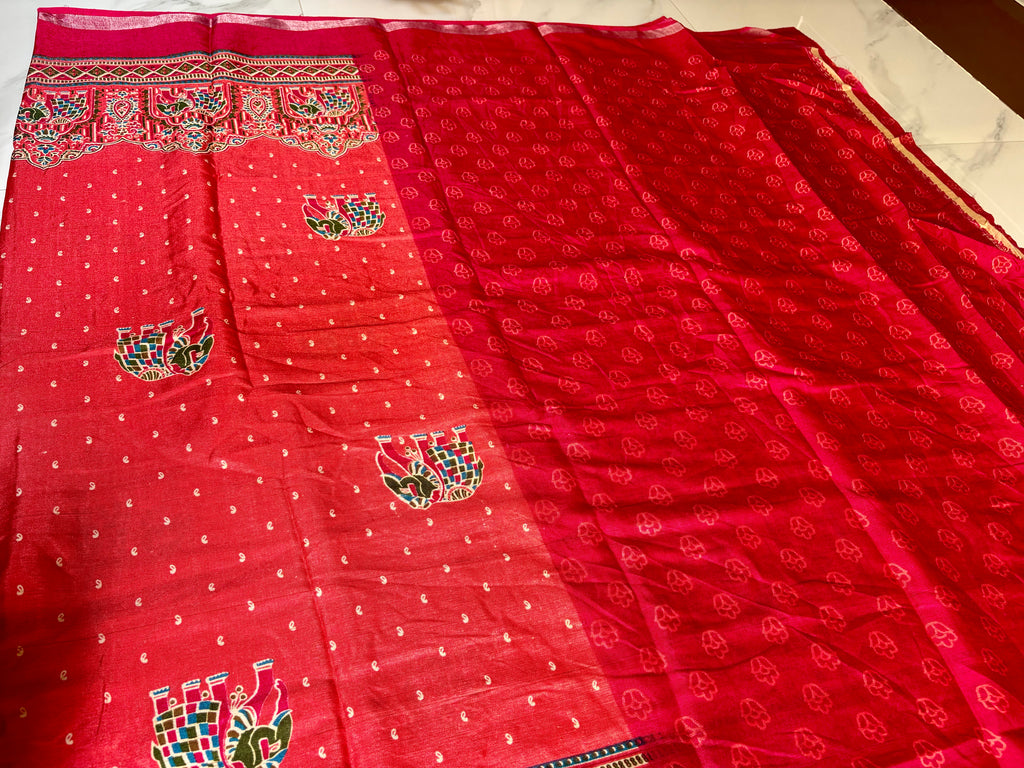 Gracefully designed in a rich rani pink shade, this saree features elegant elephant and heritage-inspired temple motifs Zari Line border- Cotton silk soft Saree