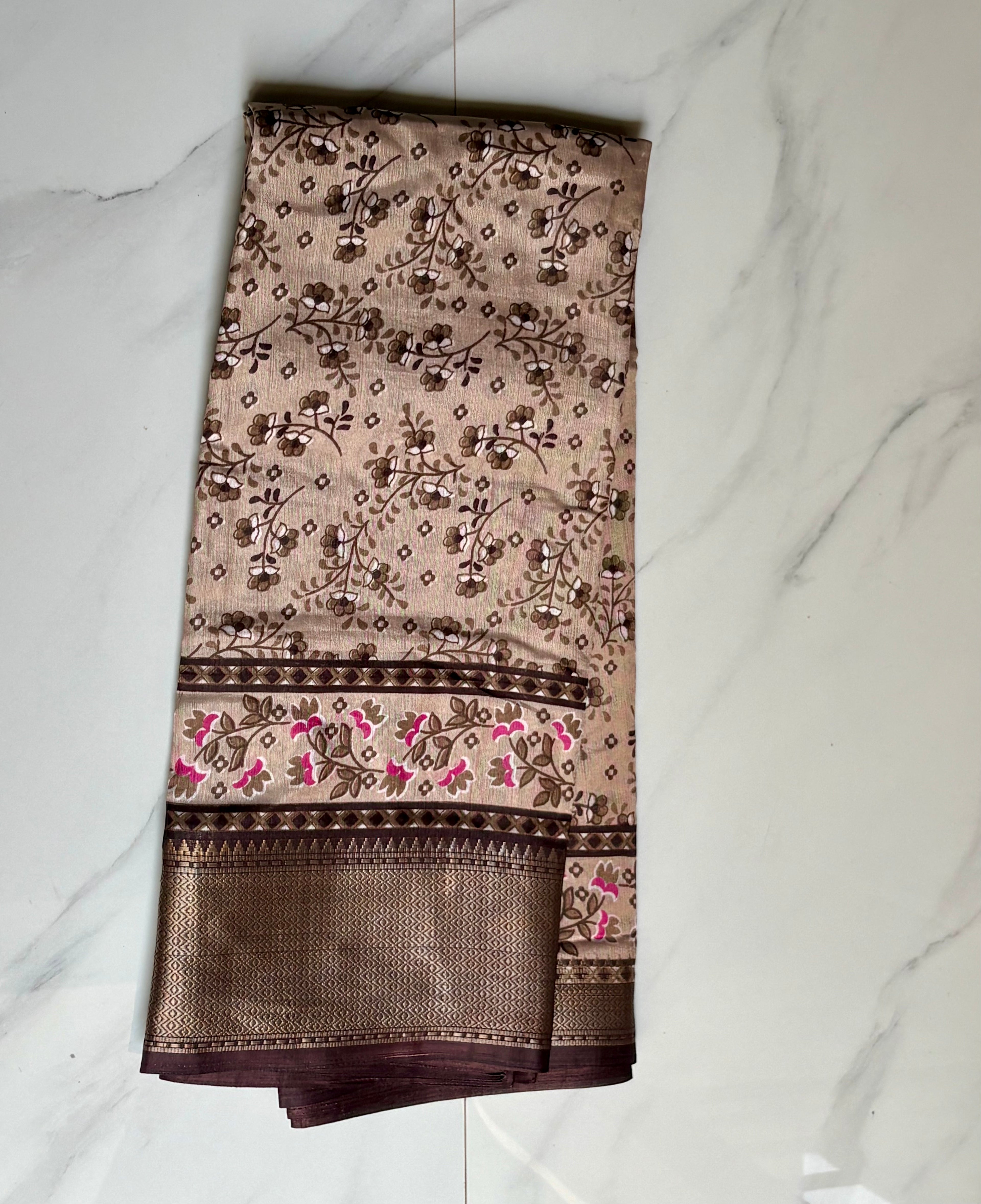 elegant beige saree featuring delicate floral vine prints and a beautifully dark brown zari border - Cotton tissue soft Saree