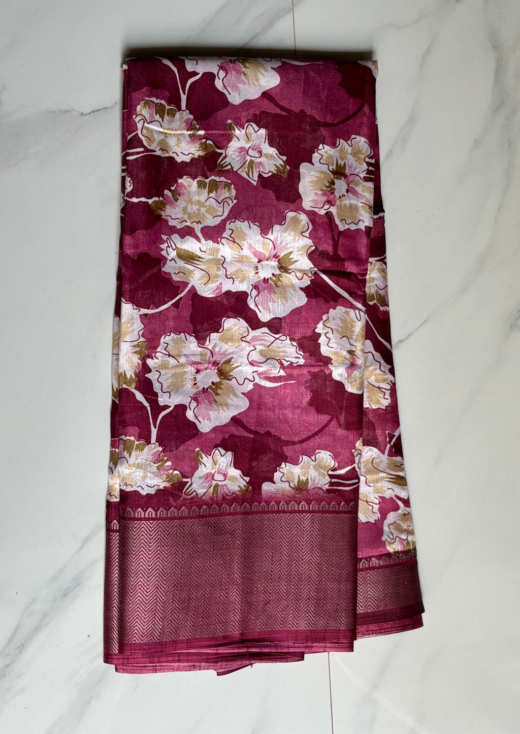 Graceful wine pink saree adorned with elegant floral prints and a rich border- Cotton tissue soft Saree