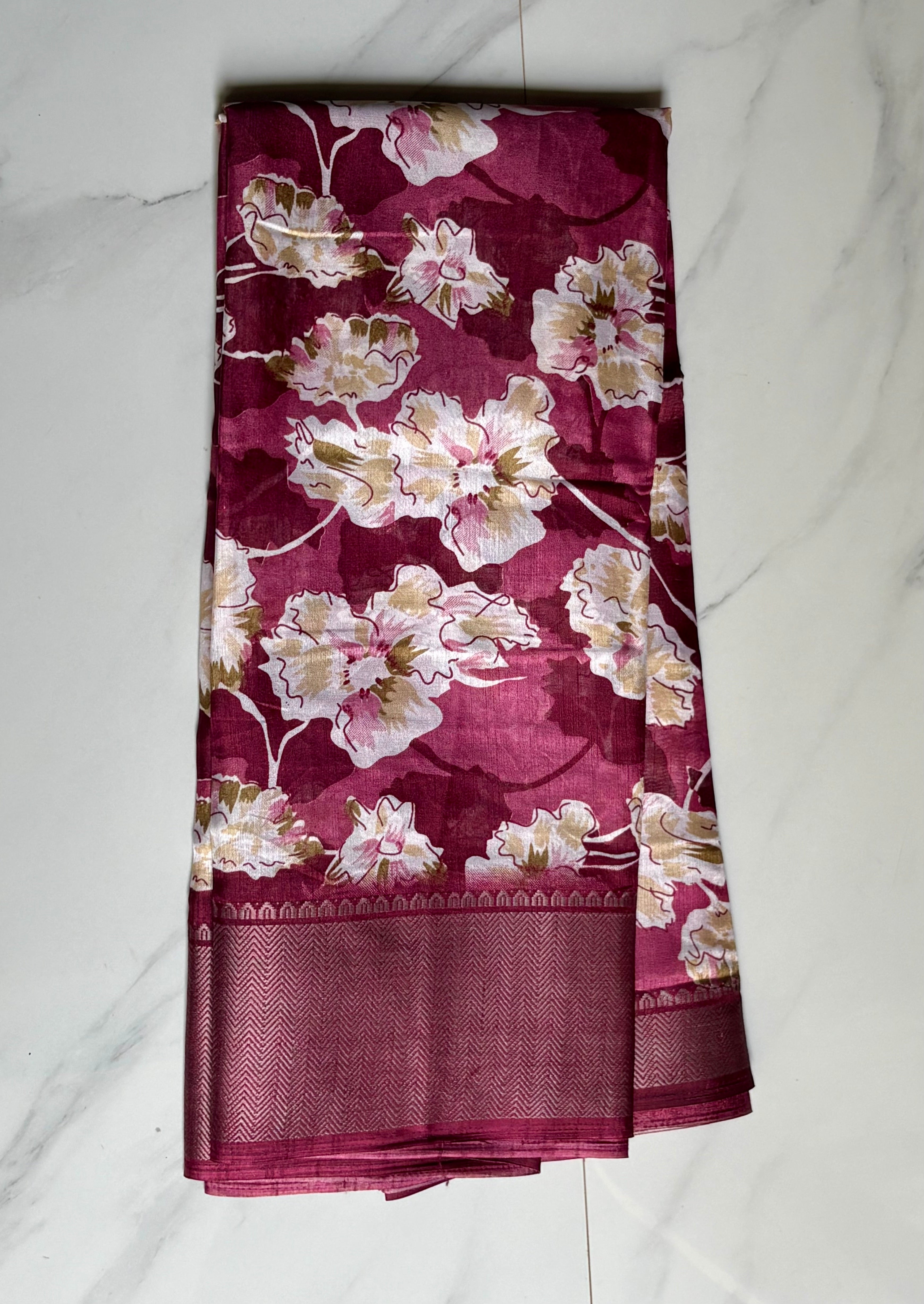 Graceful wine pink saree adorned with elegant floral prints and a rich border- Cotton tissue soft Saree