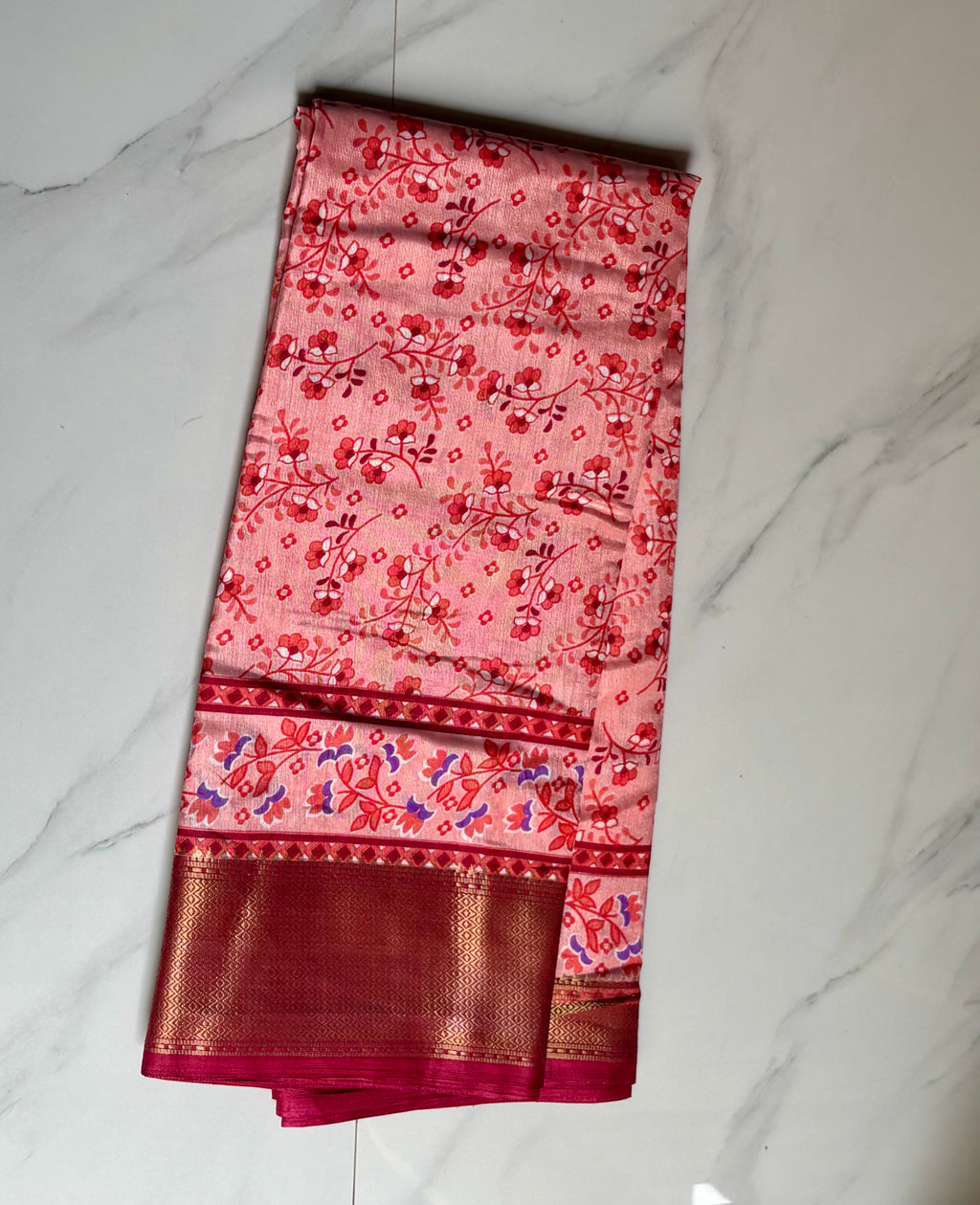 Graceful light pink saree featuring elegant floral prints and a beautifully zari border - Cotton tissue soft Saree