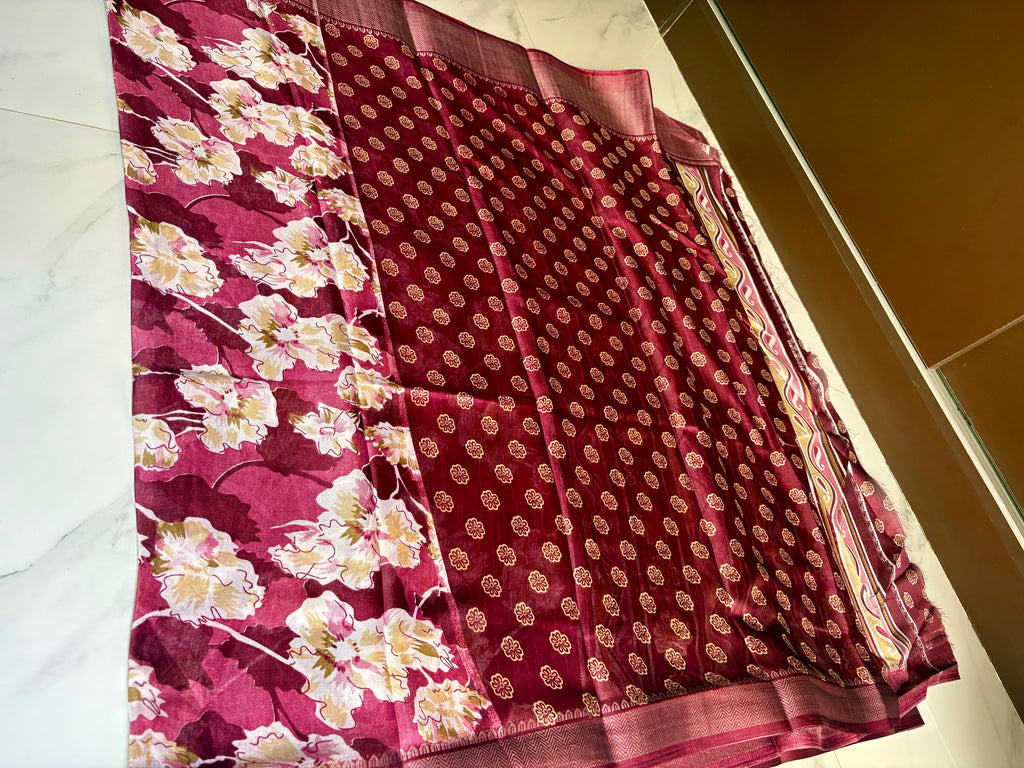 Graceful wine pink saree adorned with elegant floral prints and a rich border- Cotton tissue soft Saree
