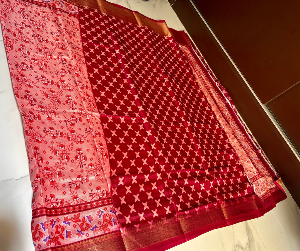 Graceful light pink saree featuring elegant floral prints and a beautifully zari border - Cotton tissue soft Saree