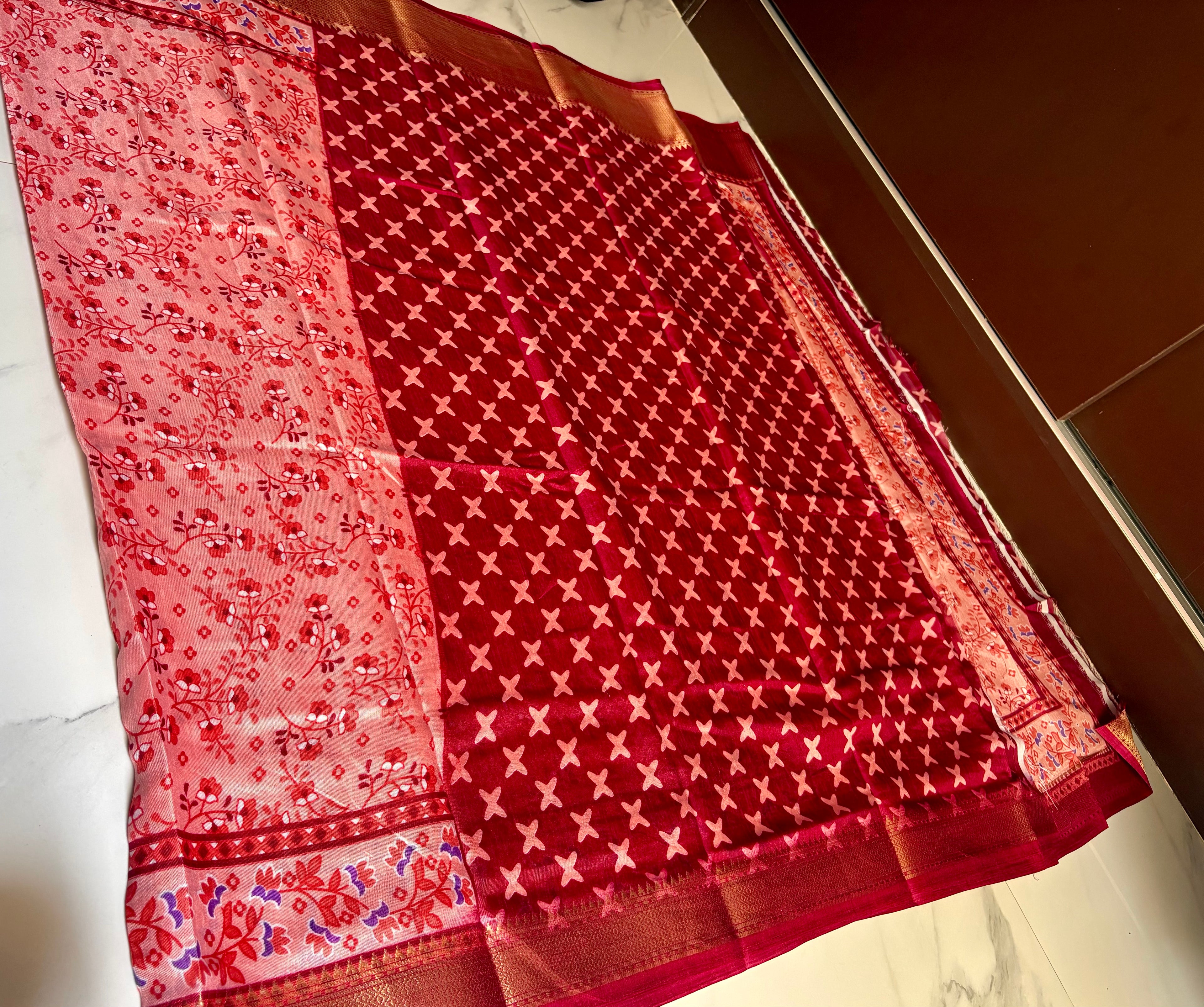 Graceful light pink saree featuring elegant floral prints and a beautifully zari border - Cotton tissue soft Saree