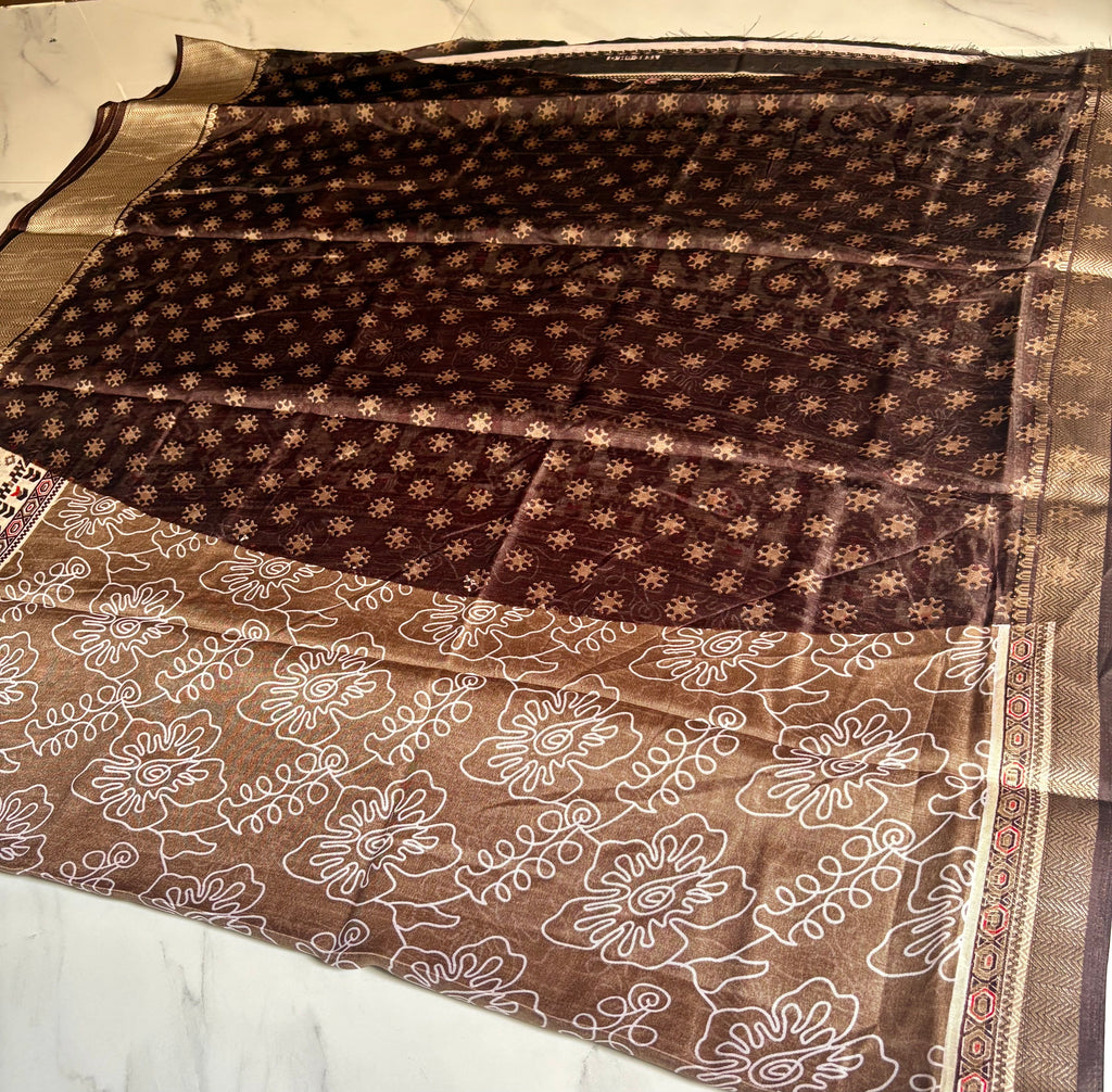 Elegant Light brown saree featuring a stylish white floral outline print with a beautifully ethnic border - Cotton tissue soft Saree