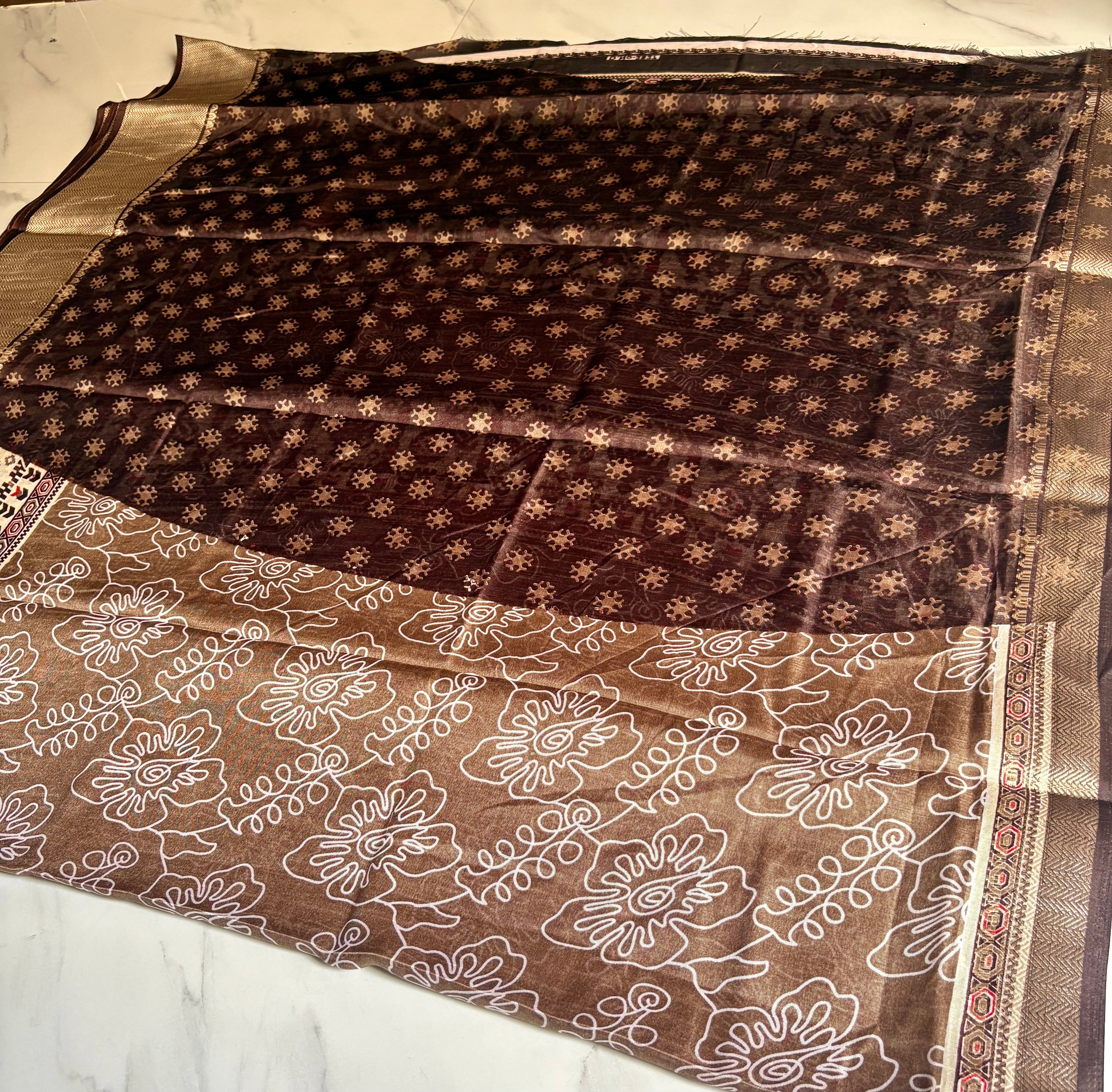 Elegant Light brown saree featuring a stylish white floral outline print with a beautifully ethnic border - Cotton tissue soft Saree