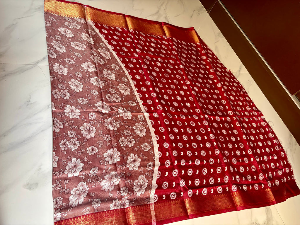 Elegant dusty rose saree featuring delicate white floral prints and a rich maroon zari border - Cotton tissue soft Saree